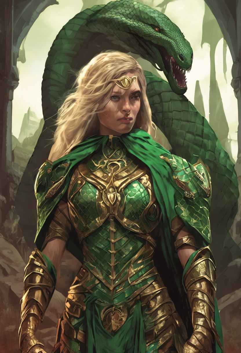 lamia woman, blond, her skin of serpent scales, with serpent eyes, ancient paladin, wearing, wearing overcoat, dark green plate armor