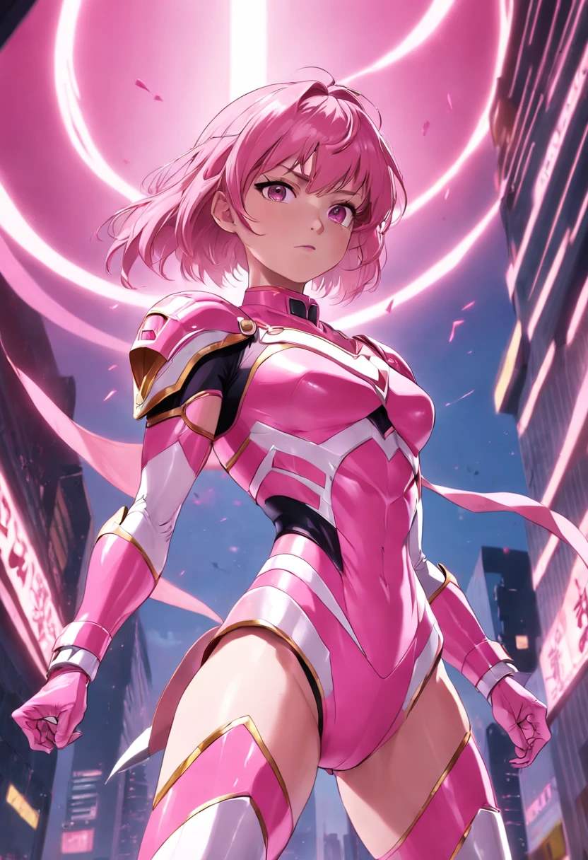 1female, pink Ranger, pink armour, pink Power Ranger, golden stripes, ultra HD, photorealism