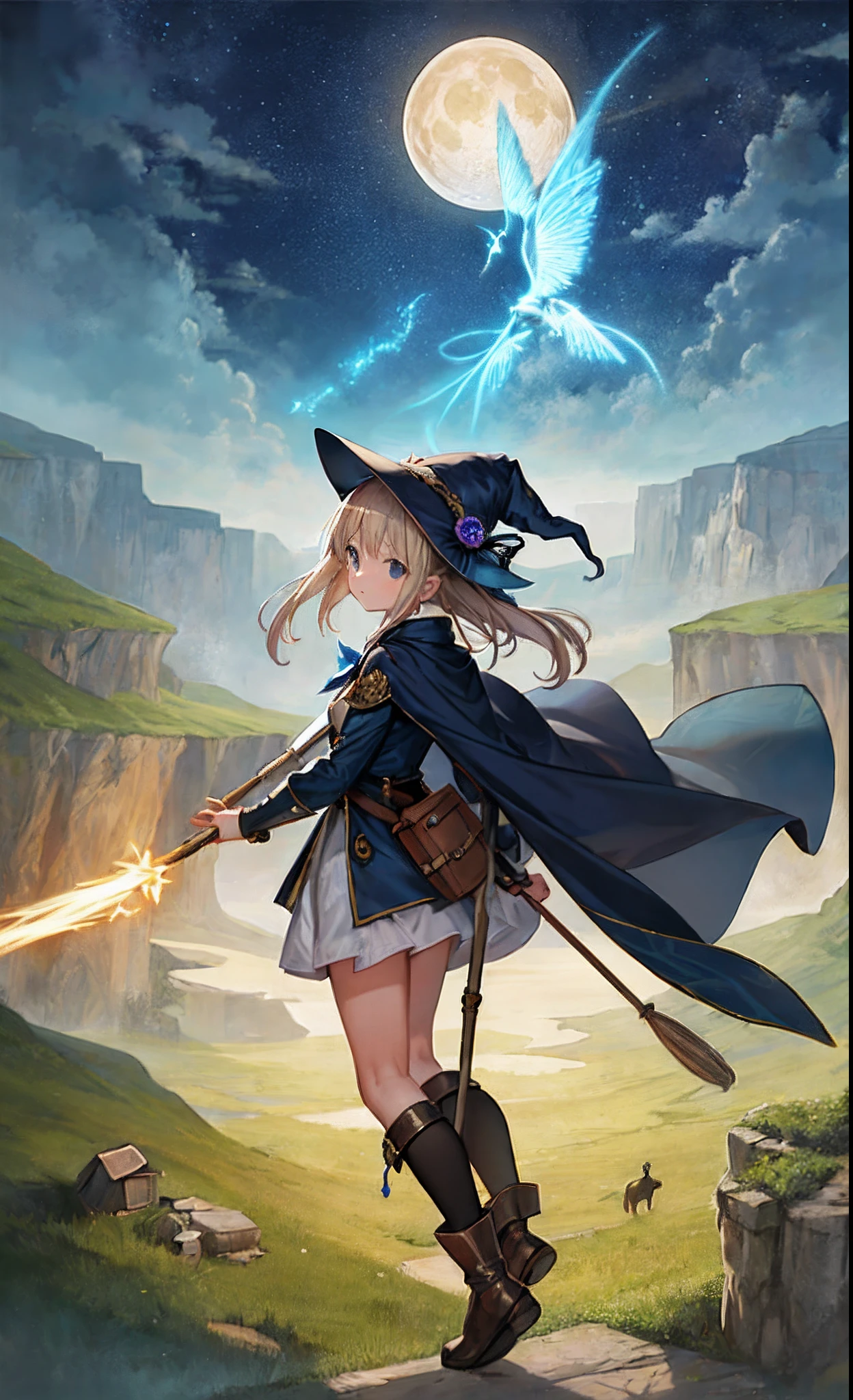 masterpiece, best quality, ultra-detailed, illustration, 1girl, solo, fantasy, flying, broom, night sky, outdoors, magic, spells, moon, stars, clouds, wind, hair, cape, hat, boots, broomstick, glowing, mysterious, enchanting, whimsical, playful, adventurous, freedom, wonder, imagination, determination, skill, speed, movement, energy, realism, naturalistic, figurative, representational, beauty, fantasy culture, mythology, fairy tales, folklore, legends, witches, wizards, magical creatures, fantasy worlds, composition, scale, foreground, middle ground, background, perspective, light, color, texture, detail, beauty, wonder.