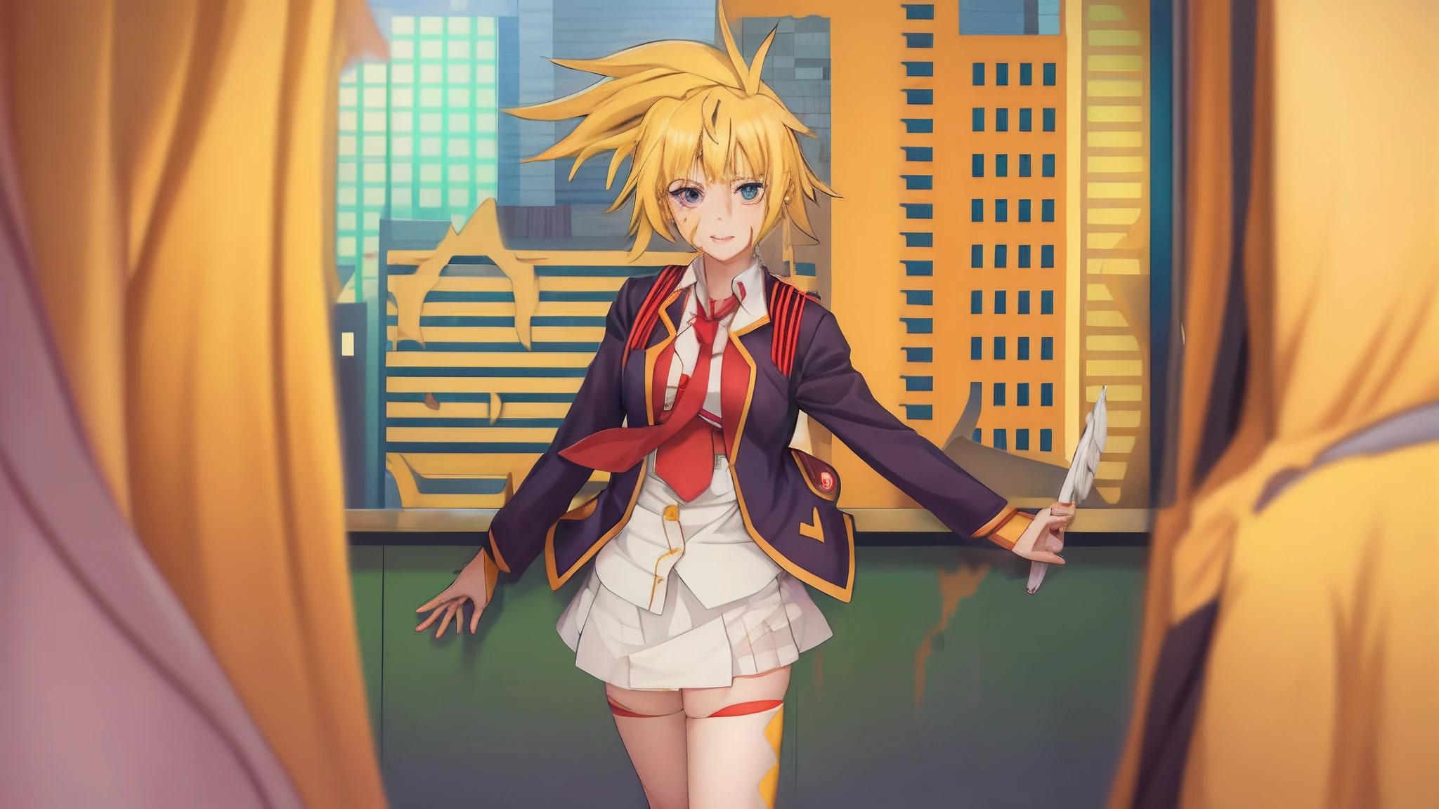 Chica rubia de anime con uniforme escolar con sangre alrededor, personaje femenino de anime, hermosa chica de secundaria de anime, mayuko nise, cabello amarillo, ojos verdes.