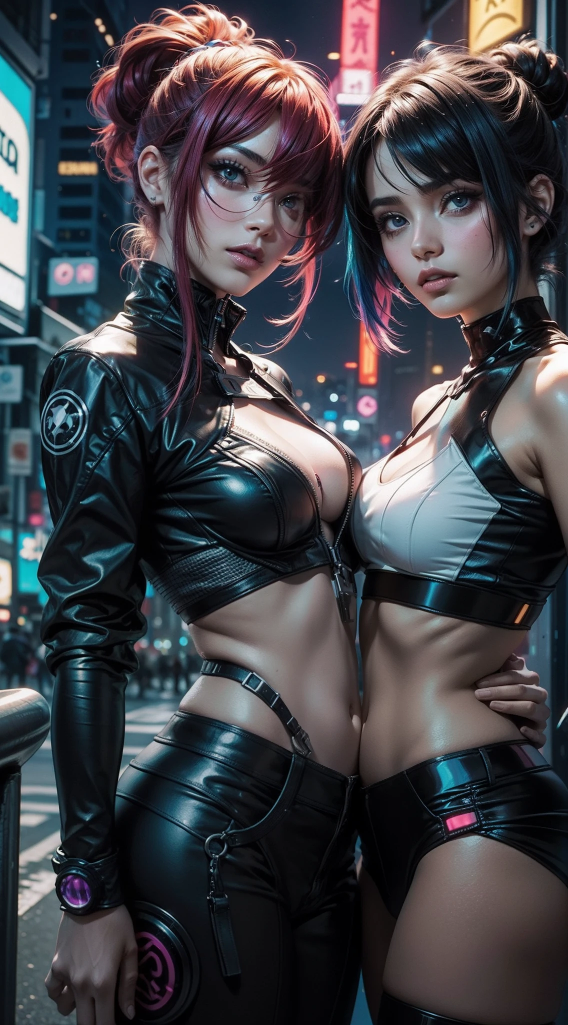 Duas garotas juntas com cabelo colorido em uma cidade neon estilo cyberpunk