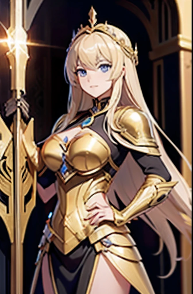 "a woman in gold armor with long hair, a stunning fantasy warrior, anime goddess, alluring attire"