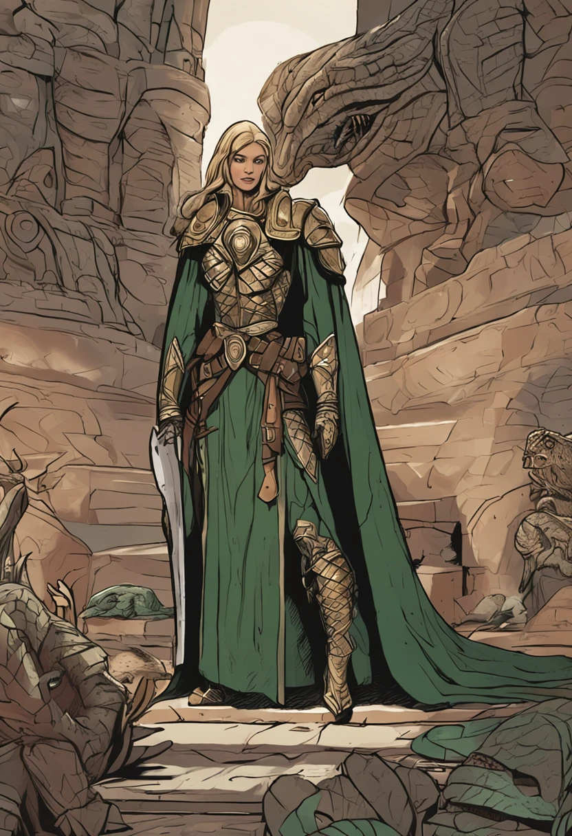 lamia woman, blond, her skin of serpent scales, with serpent eyes, ancient paladin, wearing, wearing overcoat, dark green plate armor