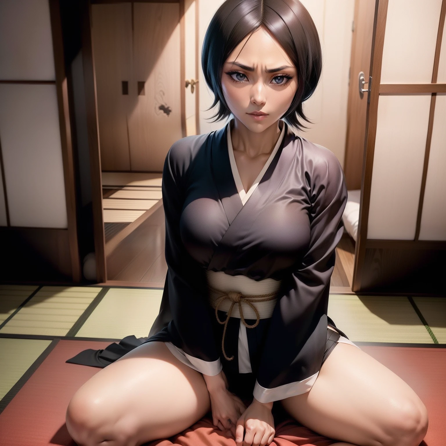 (garota hiper realista:1.2), ((Kuchiki Rukia de 18 anos)), (bleach), ((corpo inteiro)), single body, corpo pequeno, olhando para frente, sitting on ground, joelhos dobrados, (cabelo liso e curto), ((roupa japonesa cobrindo todo o corpo)), kimono, pernas, seios pequenos, Quarto feminino, Traditional Japanese Room, Hiper realista, cinematic lighthing, (octan render), ray tracing