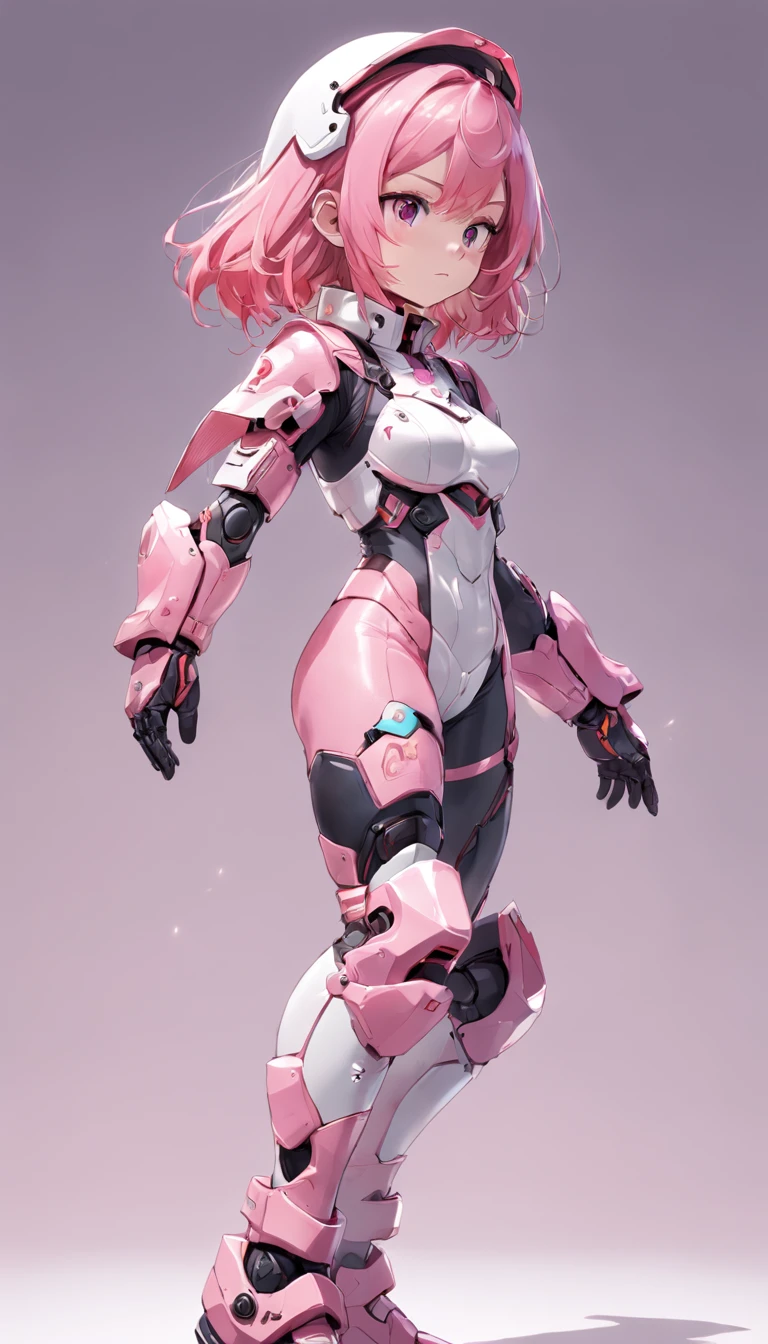 (Full body posing:1.5), (colorful:1.2), Dynamic angle, (extremely detailed CG unity 16k wallpaper:1.1), (Denoising strength: 1.45), (tmasterpiece:1.37), MG_ip, 1girl, solo, gloves, pink gloves, pink hair, gradient background, gradient, helmet, closed mouth, simple background, black eyes, full body, flat chest, standing, boots, covered navel, blush, looking down, leotard, elbow gloves, white background, Transparent helmet, Pixar, god rays, sparkle