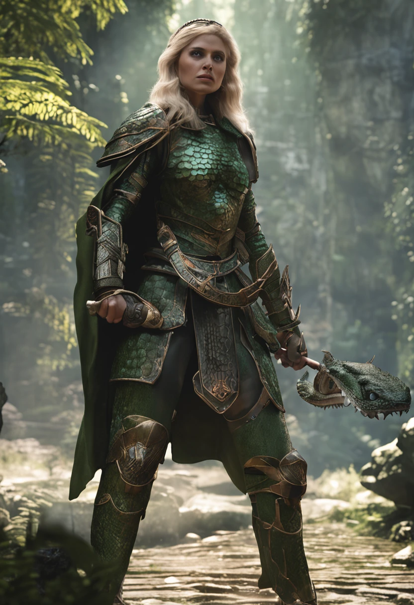 lamia woman, blond, her skin of serpent scales, with serpent eyes, ancient paladin, wearing, wearing overcoat, dark green plate armor