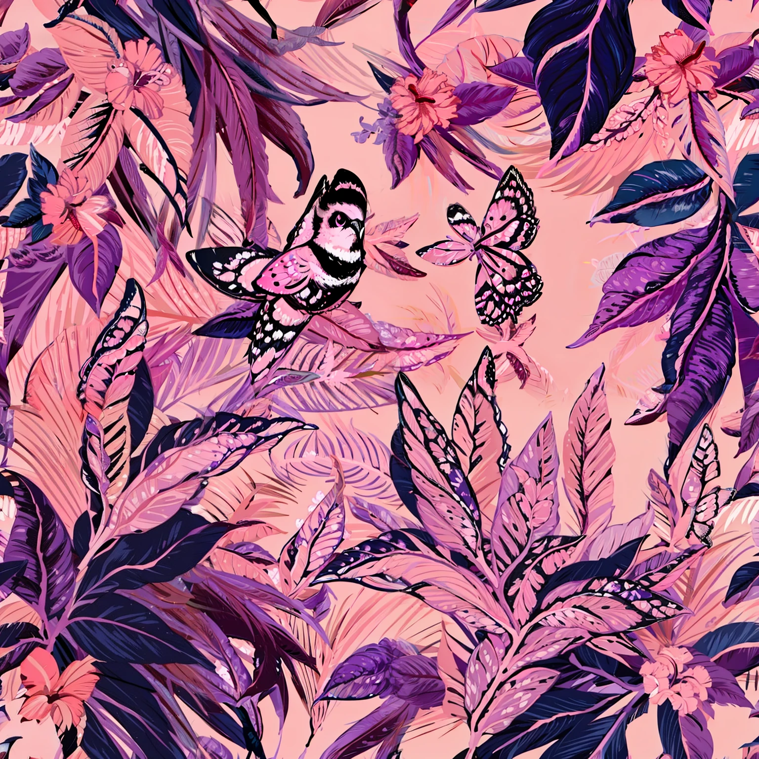 Lilac and bird pattern on pink background