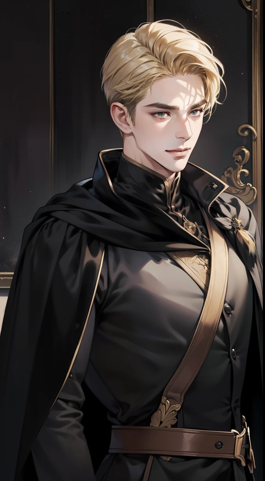 masterpiece, best quality, realistic, 1man, mature male, quiet and charming young man, 25years old, evil smile, closed mouth, portrait, extremely detailed face, a little distant, dark emerald eyes), ((short-right-swept dandy blonde hair)), [thick eyebrows], dark palace, ((long black cape)), ((all black cloth))