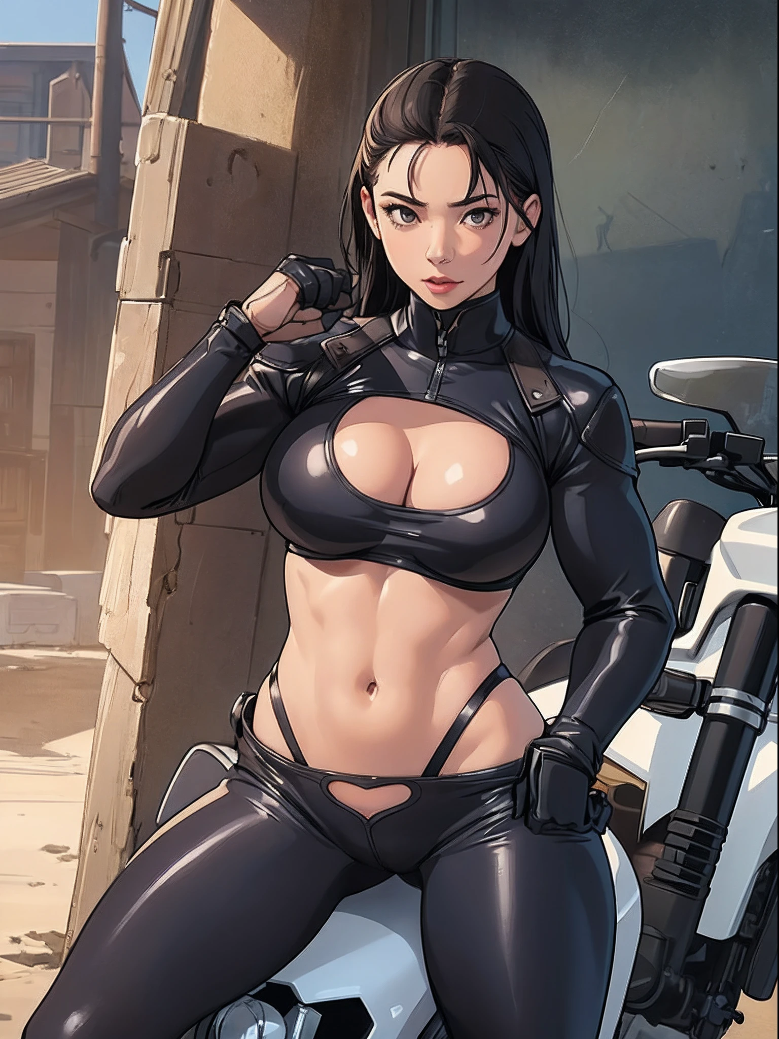 nsfw,cleavage cutout nsfw uniform,muscle body girl on a motorcycle, super realistic photo,super big breast,underboob,wide hips,translucent