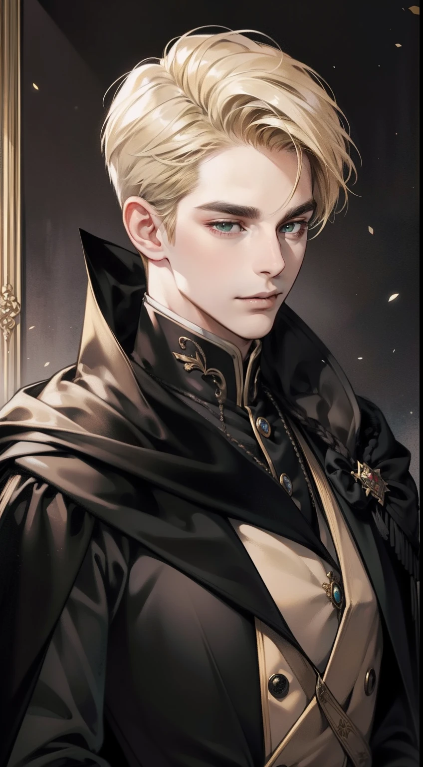 masterpiece, best quality, realistic, 1man, mature male, quiet and charming young man, 25years old, evil smile, closed mouth, portrait, extremely detailed face, a little distant, dark emerald eyes), ((short-right-swept dandy blonde hair)), [thick eyebrows], dark palace, ((long black cape)), ((all black cloth))