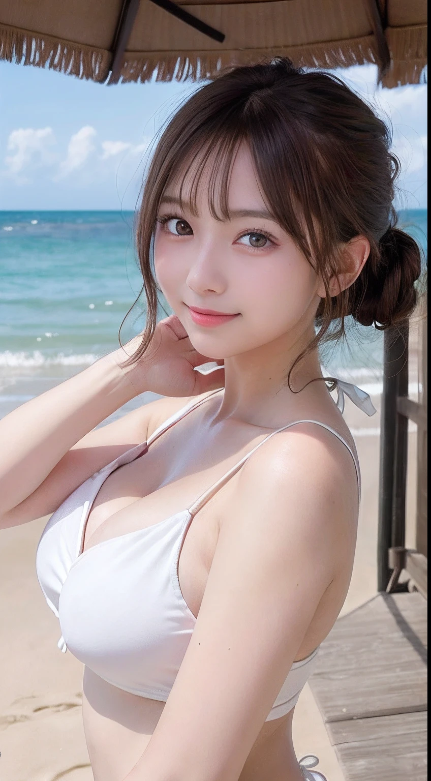 masutepiece, Best Quality, Illustration, Ultra-detailed, finely detail, hight resolution, 8K Wallpaper, Perfect dynamic composition, Beautiful detailed eyes, maikurobikini, Random and cute hairstyles, large full breasts, Natural Color Lip,Beach, Random and cute poses,A big smile