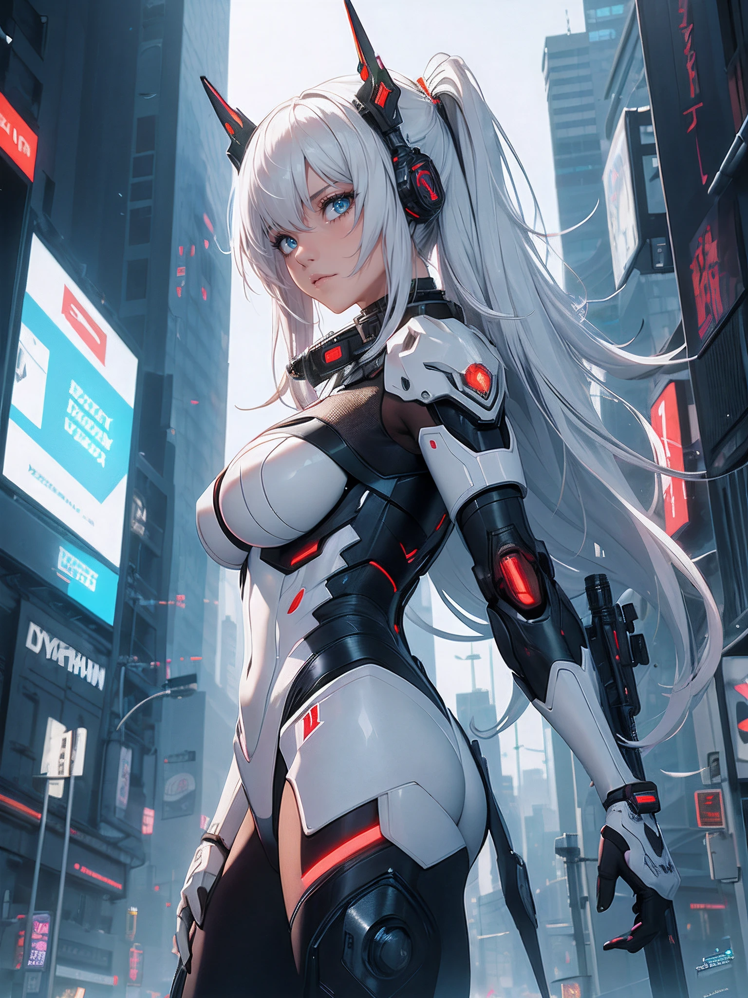 1girl, a beautiful girl cyborg cyberpunk with a cyberpunk city tall buildings, white hair, white and orange and black machine suit color combination, the body full of machine, realistic futuristic hologram, asian skin tone, beautiful eye, beautiful asian face, cyber ear machine, suits is solid mecha, realistic machine, sci fi scape, manipulation is a masterpiece, long hair, masterpiece, suit of cyberpunk, realistic sci fi building texture mecha aestethic, digital cyberpunk, looming over a city, cyber technology, realistic hair, lots of hair, white of hair, realistic metal solid texture of building, realistic neon glow, realistic neon sign, wonderful side lighting, realistic futuristic cyberpunk building, realistic girl robot cyberpunk, fog, foogy, masterpiece of detail, RAW IMAGE, depth of field, point of interes, depth of field is masterpiece, best photography composition masterpiece, natural realistic hair, rule of third masterpiece photography, natural lighting, photography masterpiece natural lighting from side, realistic skin texture, strong reflection, ( pose pinterest) masterpiece beautiful, Devil Horns, smooth pixel, ray of light, soft light, small breasts, mastepiece of cyber mask, masterpiece fantasy gun, carry a fantasy weapon