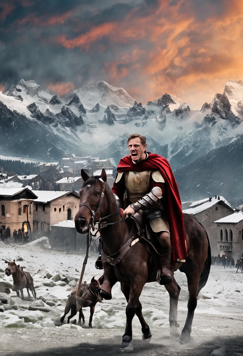 Julius Caesar crossing a miserable city in the Alps, com seus soldados ao redor, enquanto ele proclama 'Prefiro ser o primeiro aqui do que o segundo em Roma'."