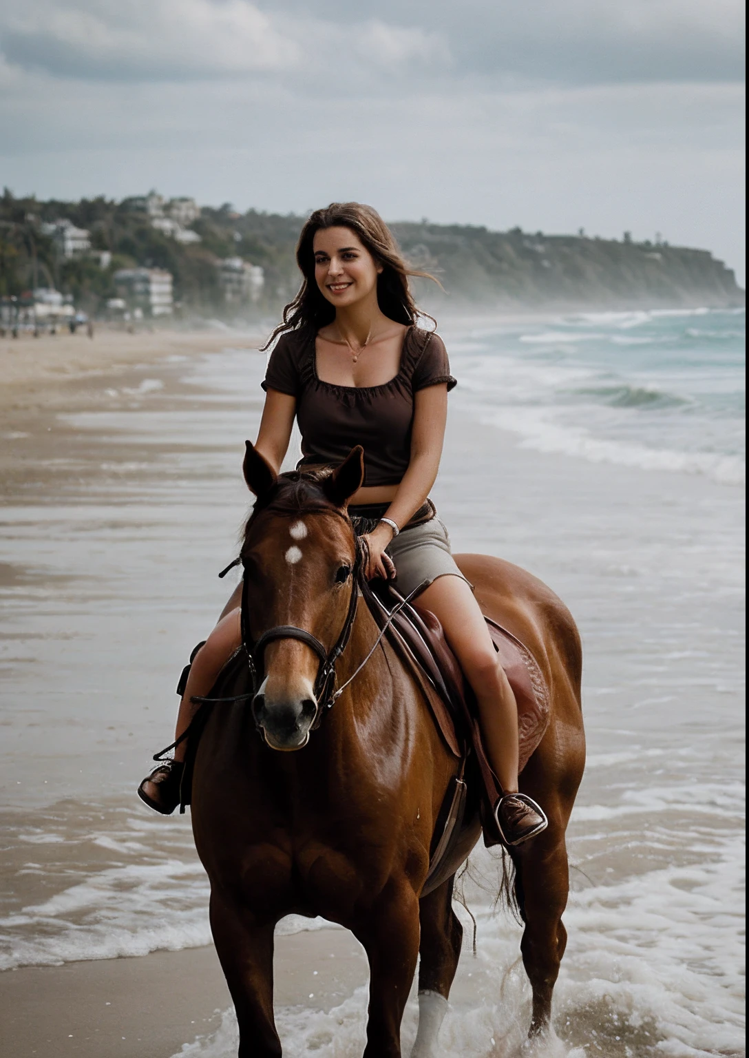 Beautiful blonde riding a horse on a deserted beach, portant une tenue équestre élégante composée d'un pantalon de jodhpur et d'une chemise blanche. The setting sun tints the sky with golden colors, et les vagues éclaboussent doucement les sabots du cheval. Leah smiles, enjoying this moment of freedom and connection with nature, very detailed, 21 ans, visage innocent, natural wavy hair, blue eye, high resolution, masterpiece, best quality, intricate details, very detailed, sharpness, detailed skin, realistic skin texture, texture, detailed eyes, professionnel, 4K, charming smile, shot with Canon, 85mm, shallow depth of field, Kodak Vision Color, corps parfaitement ajusté, extremely detailed, Photo_(ultra), photorealistic, realistic, post-traitement, Maximum details, roughness, real life, ultra realistic, photorealism, la photographie, 8k uh, la photographie.