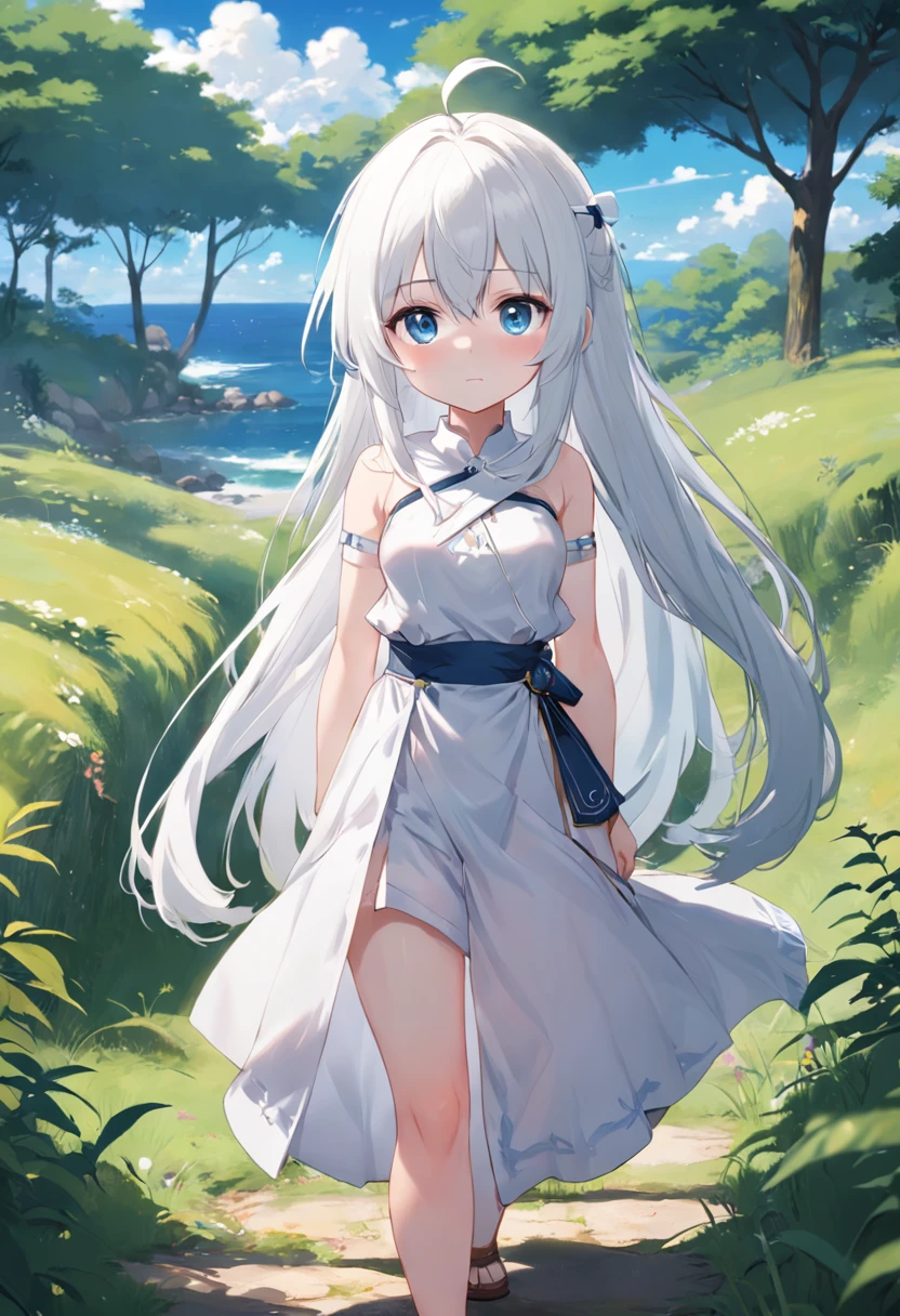 Woman with long white hair and blue eyes standing on the grass,Anime visuals of cute girls, Loli White hair, perfect white hair girl, white-haired god, whaite hair, Kantai collection style, Anime Cloud, up of young anime girl, Anime moe art style, anime best girl, (Anime girl), An anime girl, White-haired girl,Flowing white hair,Smaller chest,Sleeveless、camisole,small tits, (8K, RAW photography, top-quality, tmasterpiece:1.2), (hentail realism, Photorealsitic:1.37), ultra - detailed, 1 loli solo, Cute Baby Turtle, Beautiful detailed sky,elementary student,elementary student、Height 130,(((Sleeveless)))