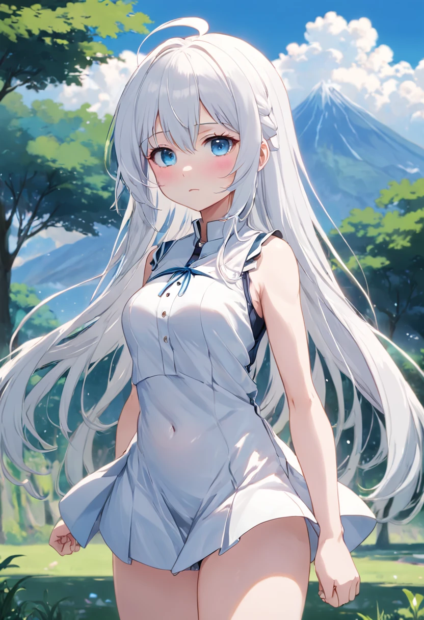 Woman with long white hair and blue eyes standing on the grass,Anime visuals of cute girls, White hair, perfect white hair girl, white-haired god, whaite hair, Kantai collection style, Anime Cloud, up of young anime girl, Anime moe art style, anime best girl, (Anime girl), An anime girl, White-haired girl,Flowing white hair,Smaller chest,Sleeveless、camisole,small tits, (8K, RAW photography, top-quality, tmasterpiece:1.2), (hentail realism, Photorealsitic:1.37), ultra - detailed, 1 lolio, Cute Baby Turtle, Beautiful detailed sky,elementary student,elementary student、Height 130,(((Sleeveless)))