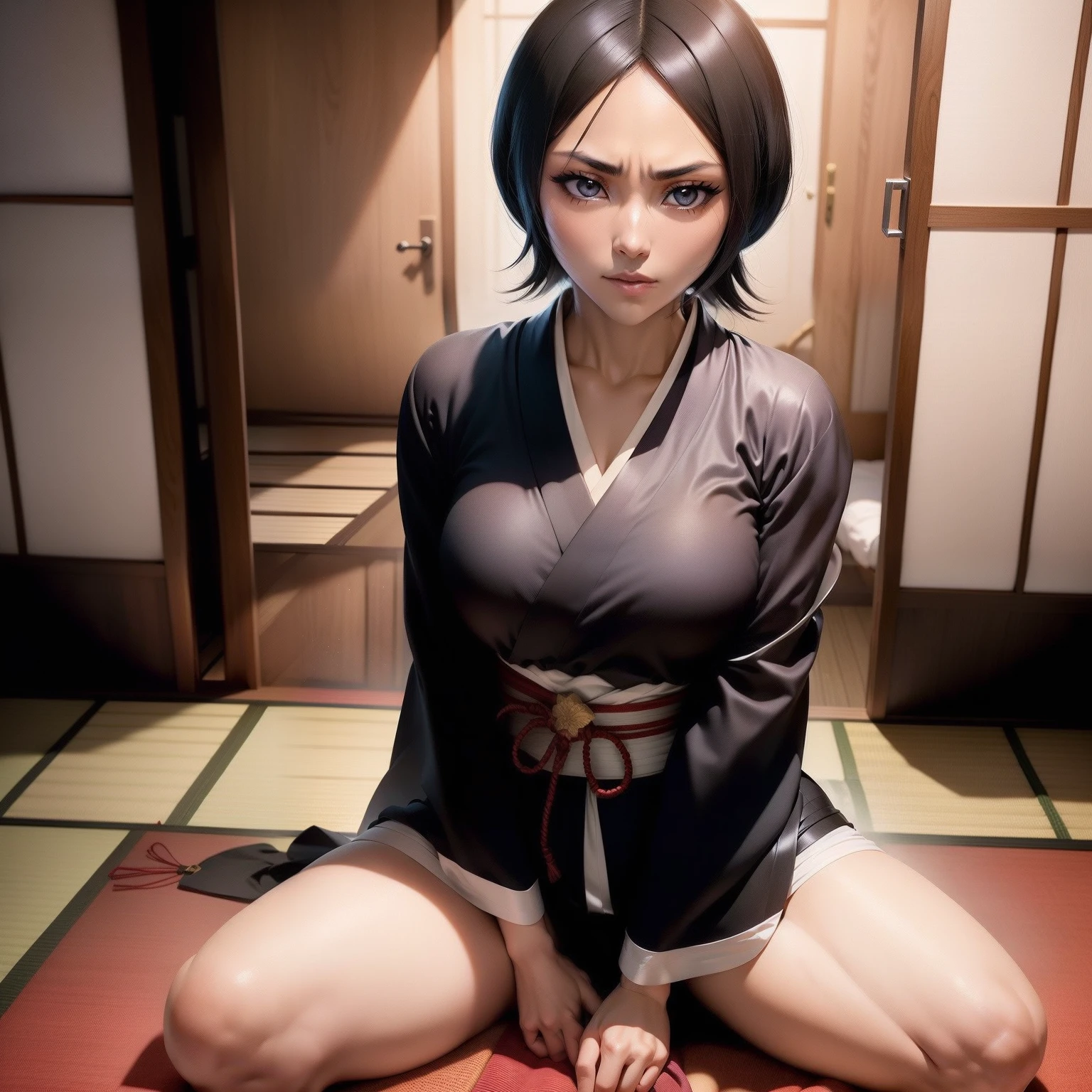 (garota hiper realista:1.2), ((Kuchiki Rukia de 18 anos)), (bleach), ((corpo inteiro)), single body, corpo pequeno, olhando para frente, sitting on ground, joelhos dobrados, (cabelo liso e curto), ((roupa japonesa cobrindo todo o corpo)), kimono, pernas, seios pequenos, Quarto feminino, Traditional Japanese Room, Hiper realista, cinematic lighthing, (octan render), ray tracing