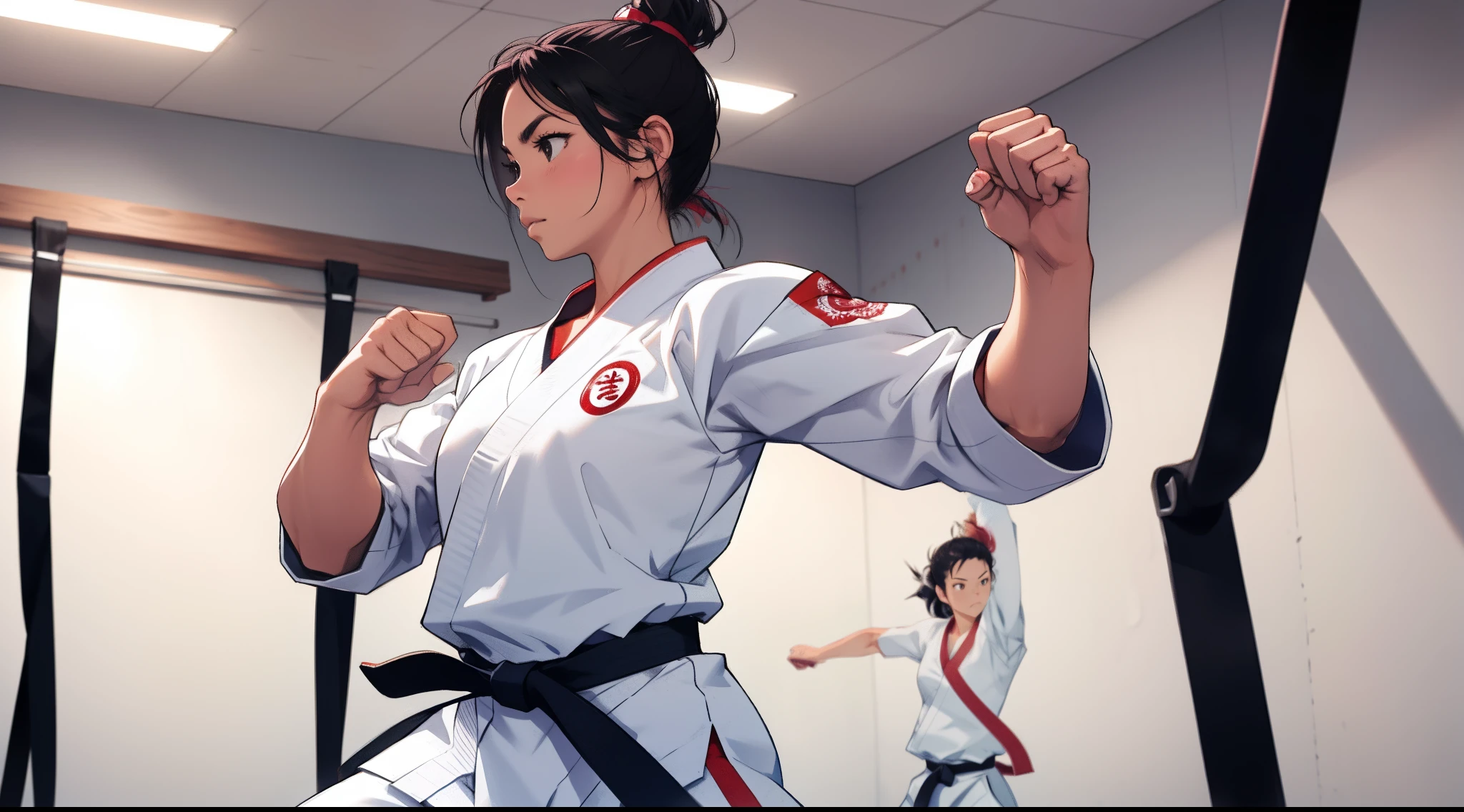 a woman practices karate in a dojo . (muscle: 2.0)