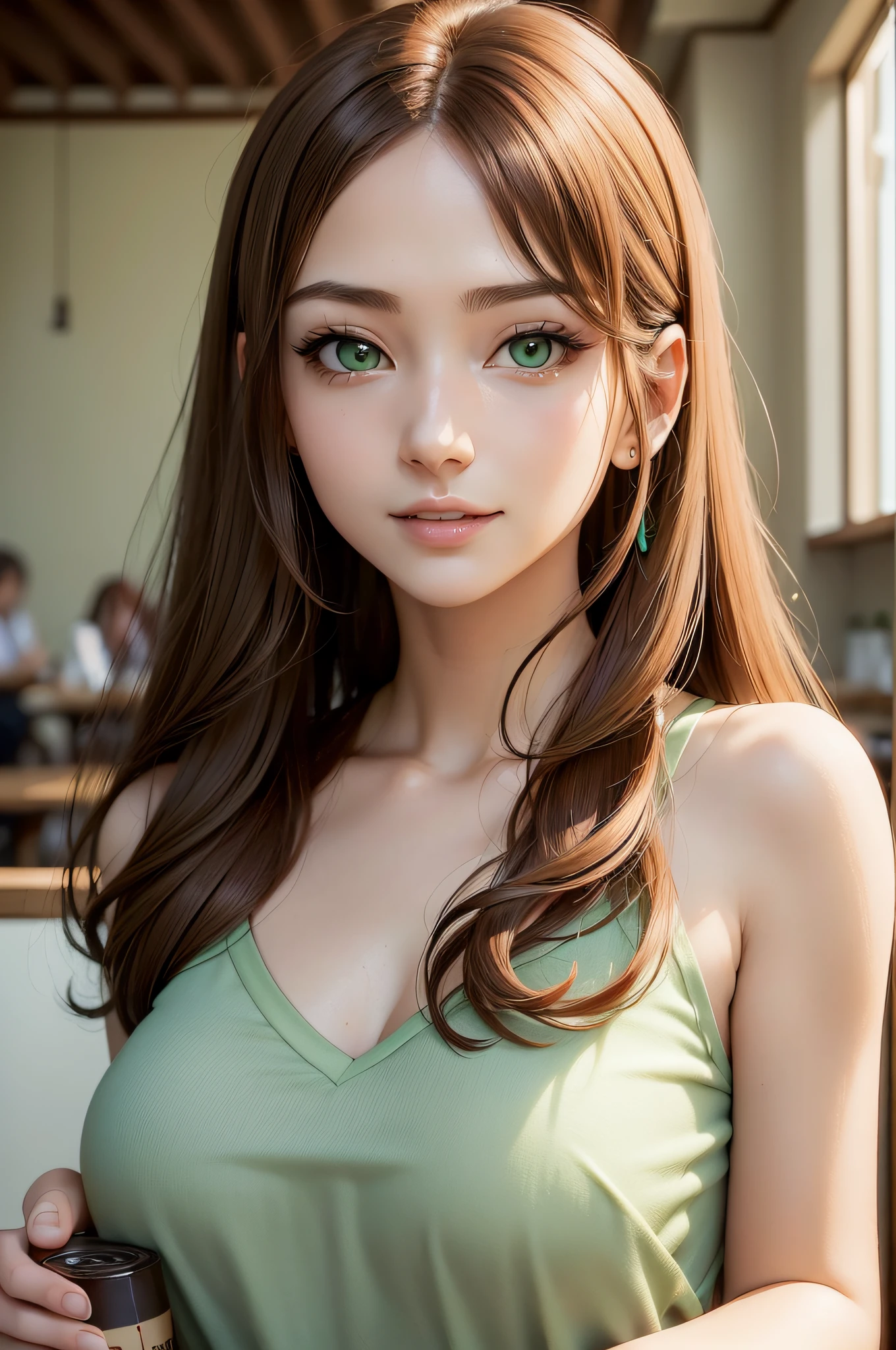 (masutepiece), Best Quality, beautiful detailed hair detailed face, 超A high resolution, Sharp Focus, ((1 woman, Solo)), Perfect feminine face, Upper body, Medium Long Shot, nffsw, in a cafe, holding coffee, ((Beautifully shaped eyes, Green eyes)), chesnut brown hair, Long hair, Smiles