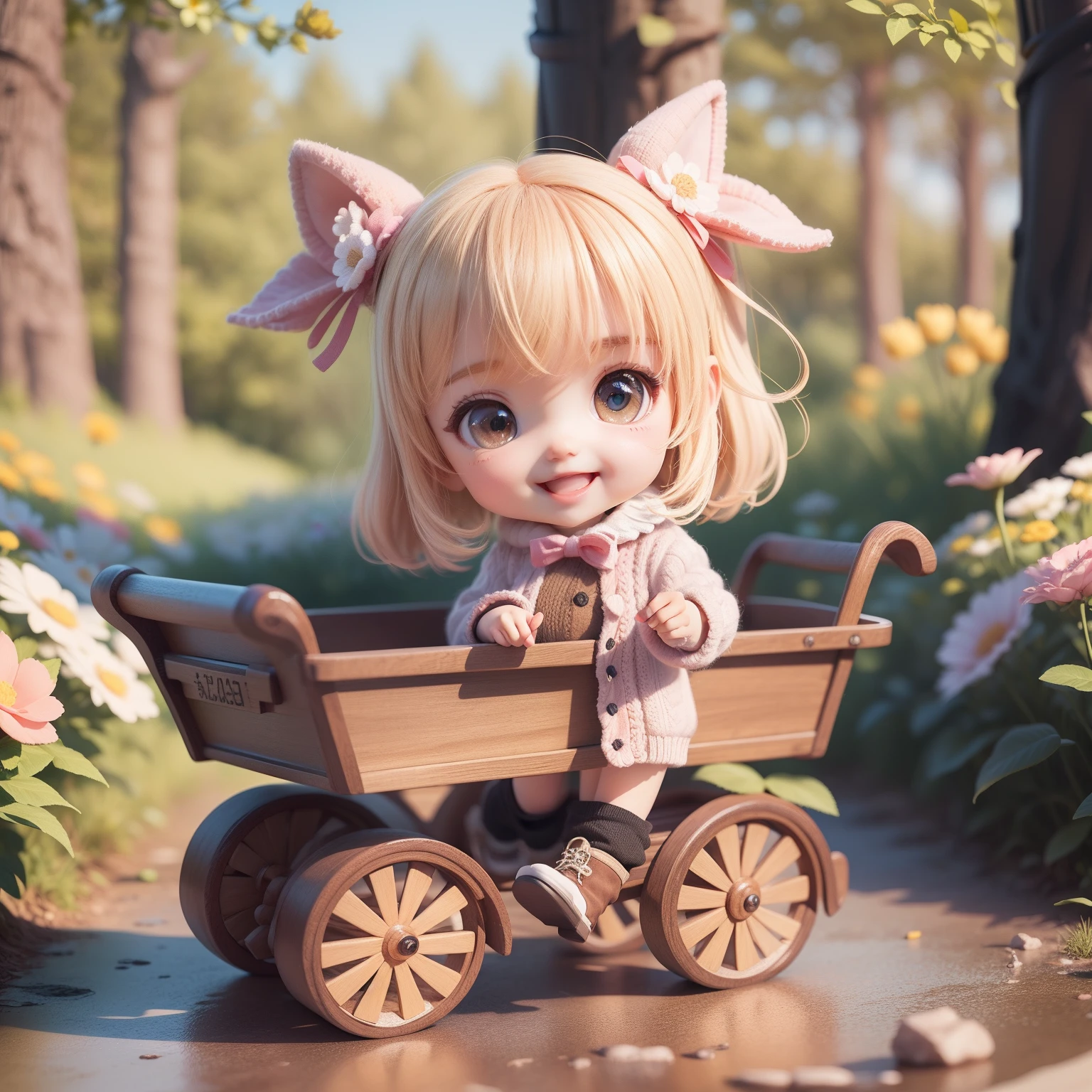 Cute Baby Chibi Anime、(((chibi 3d))) (Best Quality), (masutepiece)、Beige(Side tail hair:1.3) 、Knitted flower hair、Pink high neck fluffy knitwear、Tux Cart、Laced boots、Flower garden in fairytale forest、Chibi Model、Open your mouth and smile。