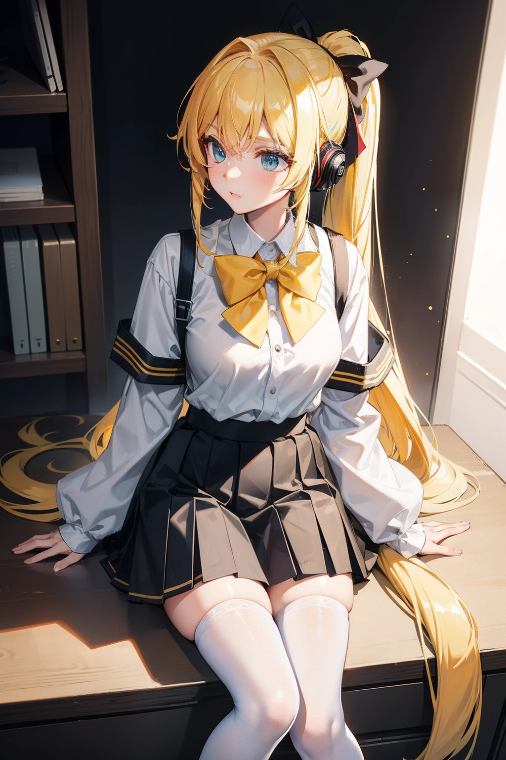 tmasterpiece,high qulity,Yellow hair,(Big double ponytail 1.8),dual horsetail,Large double ponytail,Wear headphones,JK school uniform,(White top 1.5,White top,yellow bowtie,Black and gray long plaid pleated skirt 1.5,Black fingerless gloves 1.2,White stockings 1.9),In the cluttered room