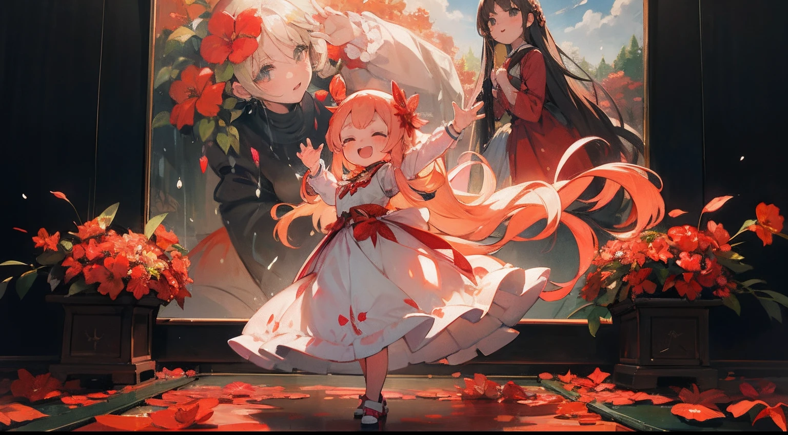 photoRealstic、Doll standing in front of the painting、swim wears、laugh face、Water droplets on the cheeks、Selfie Pose、spreading arms widely、Sengai、pixiv、rokoko、dollfie dream、watercolor Nendoroid、(High Definition Figure)、Flowing Red Silk、nendroid、bustup、Hibiscus petals、season!!: 夏☀ 🍂 ハイビスカス