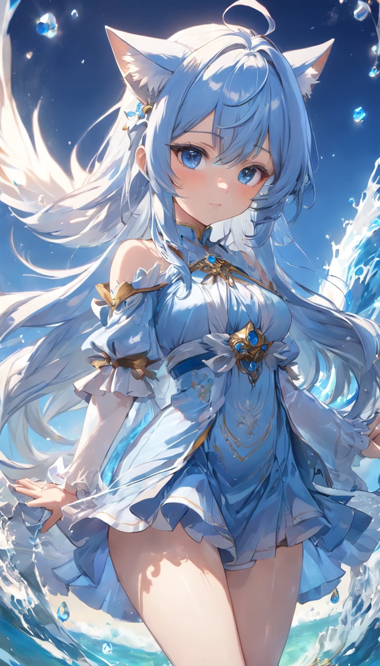 (extremely detailed CG unity 16k wallpaper:1.1), (Denoising strength: 1.45), (tmasterpiece:1.37), side lighting, lifelike texture, {{masterpiece}}, {Extremely gorgeous magic style}, blue sea, blue sky, crystal orb, beautiful detailed water, beautiful detailed sky, fluttered detailed splashs, fantasy, highlights, solo, {{{detailed anime cat, anime eyes, detailed fox ears, mascot, Chibi, wings, white jewelry on head, blue skin}}}, bigbreasts, Art germ, Ultra-detailed intricate artistic trends in ArtStation ternary colors, intricately details, anime style, god rays, sparkle, glowing light, UHD, award winning