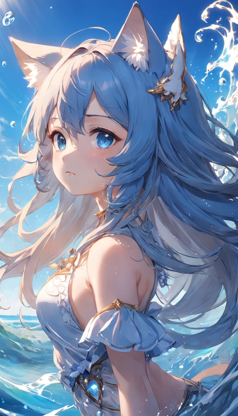 (extremely detailed CG unity 16k wallpaper:1.1), (Denoising strength: 1.45), (tmasterpiece:1.37), side lighting, lifelike texture, {{masterpiece}}, {Extremely gorgeous magic style}, blue sea, blue sky, crystal orb, beautiful detailed water, beautiful detailed sky, fluttered detailed splashs, fantasy, highlights, {{{detailed anime cat, anime eyes, detailed fox ears, mascot, wings, blue skin}}}, bigbreasts, Art germ, Ultra-detailed intricate artistic trends in ArtStation ternary colors, intricately details, anime style, god rays, sparkle, glowing light, UHD, award winning