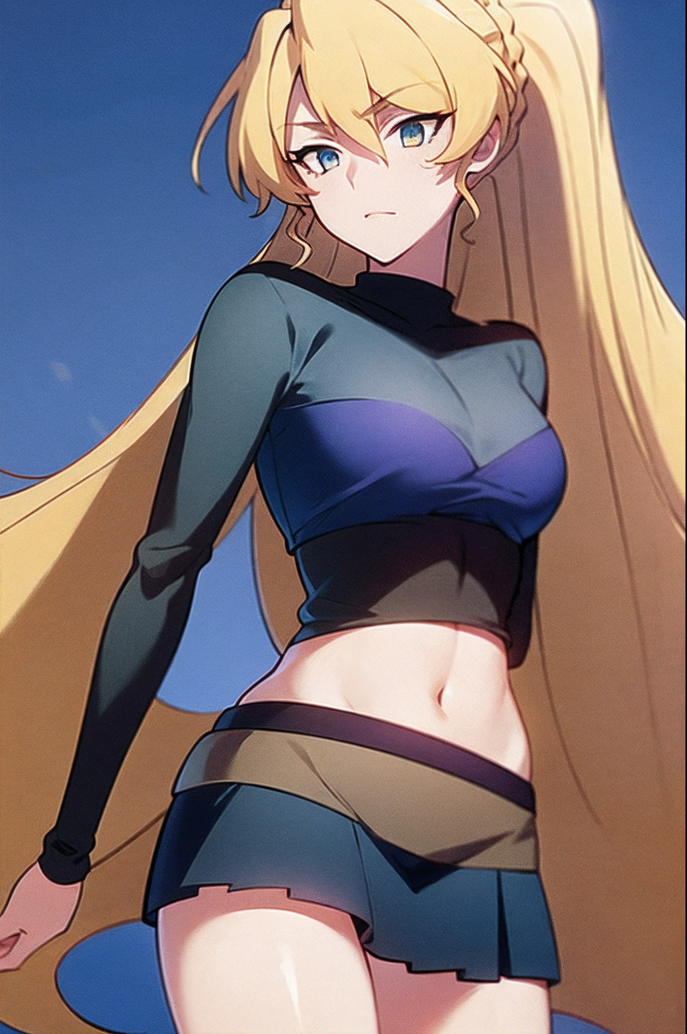 masterpiece, best quality, 1girl, alicetaria,blonde hair, long hair, ponytail, blue eyes, blue shirt, pleated skirt, solo, simple background, bikini, beacht