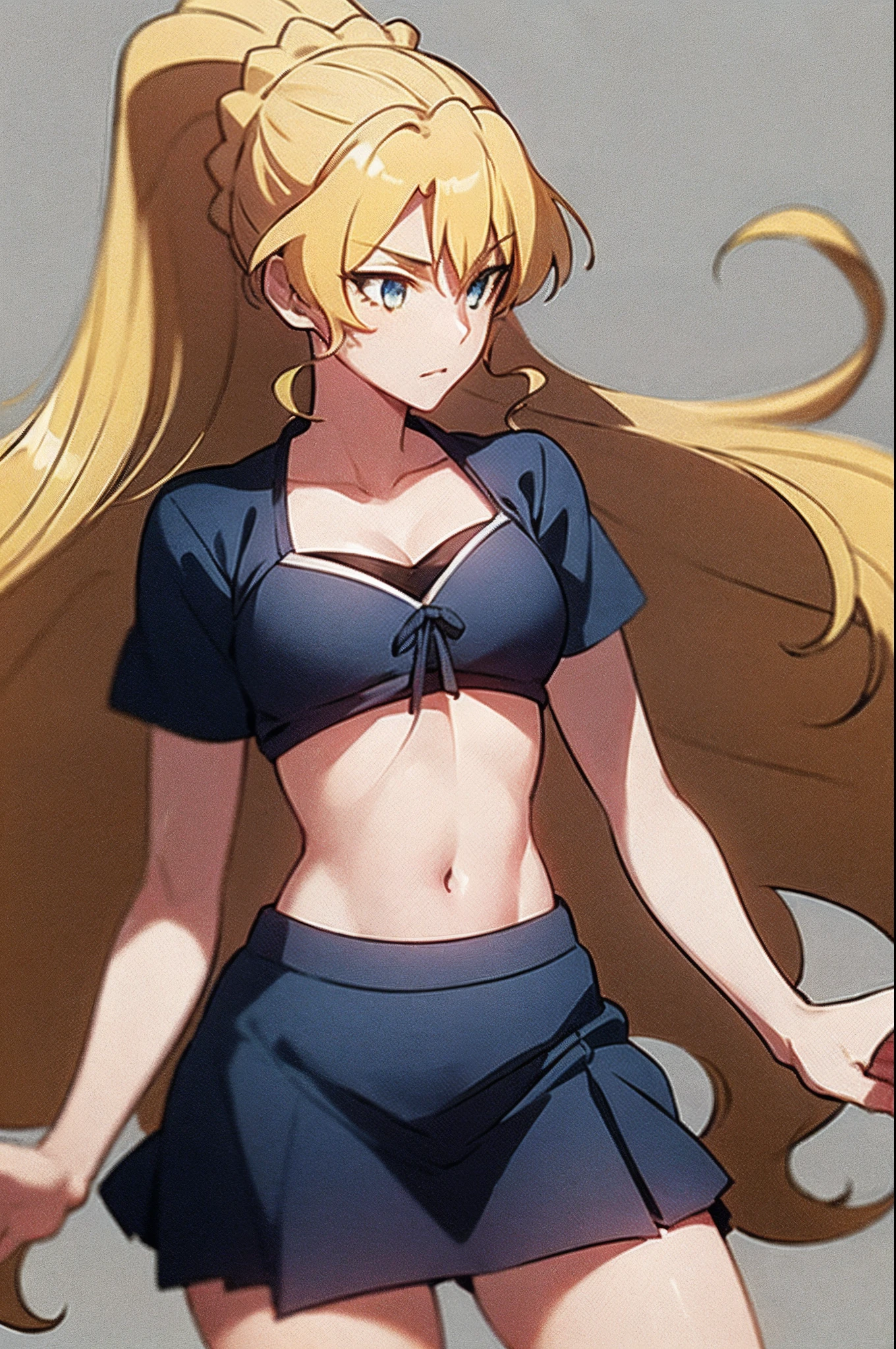 masterpiece, best quality, 1girl, alicetaria,blonde hair, long hair, ponytail, blue eyes, blue shirt, pleated skirt, solo, simple background, bikini, beacht