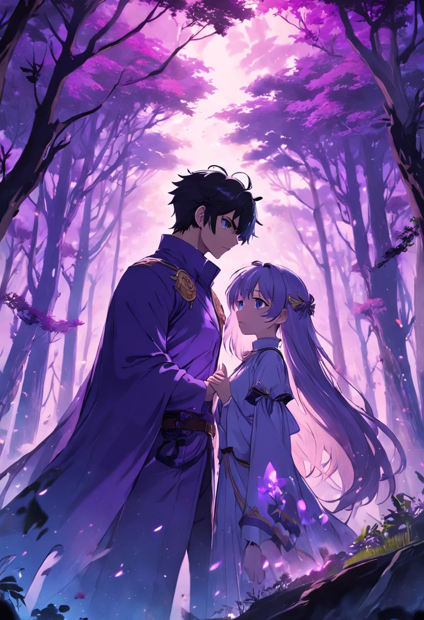 um homem e uma mulher. uma floresta misteriosa. renderizações hiperdetalhadas, estilo anime, estilo Violet Evergardem, 8k, olhos detalhados, olhos perfeitos, epic, dramatic, genial, corpo inteiro, design e detalhes intrincados, lighting dramatic, 8k, rosto detalhado