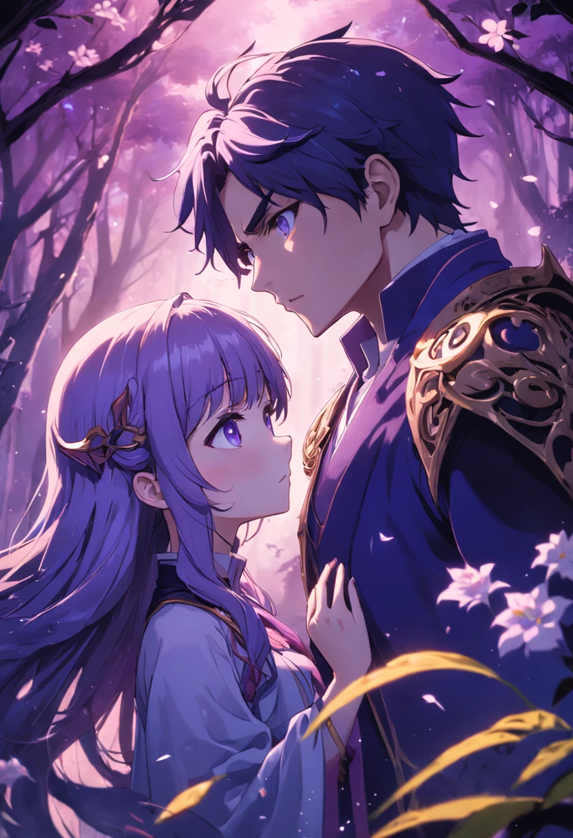 um homem e uma mulher. uma floresta misteriosa. renderizações hiperdetalhadas, estilo anime, estilo Violet Evergardem, 8k, olhos detalhados, olhos perfeitos, epic, dramatic, genial, corpo inteiro, design e detalhes intrincados, lighting dramatic, 8k, rosto detalhado