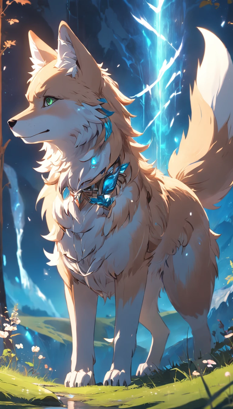 (extremely detailed CG unity 16k wallpaper:1.1), (Denoising strength: 1.45), (tmasterpiece:1.37), {best quality}, {{masterpiece}}, (Extremely gorgeous magic style), grassland, fantasy, solo, highlights, {legendary wolf}, {{{detailed anime cat, fox, wolf, dog, {{anime eyes}}, {{anime style}}, cute, furry, mascot, magic, Chibi, {{flower wing}}, jewelry, {light green skin}, floating magic ball}}}, god rays, sparkle, glowing light, UHD, award winning