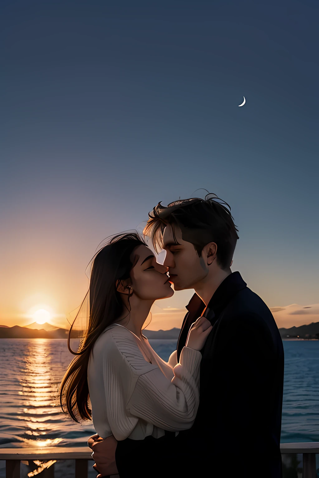 A young couple, barely out of their teens, standing on the edge of a serene cliff, overlooking a vast, moonlit ocean. The moon hangs low in the sky, casting a silver glow across the scene and highlighting the contours of their intertwined bodies. The girl, her eyes brimming with emotion, tilts her head back, exposing the curve of her neck as she confesses something intimate and profound to the boy. He, in turn, gazes into her soul, his eyes reflecting the moon's light, listening with rapt attention. The wind gently caresses their skin, making the girl's hair dance around her face and revealing the softness of her breasts, which are exposed in the open night air. Her hand clutches his shirt tightly, while his rests gently on the small of her back, the fabric riding low on her hips, hinting at the passionate tension between them. The scene is a delicate balance of vulnerability and desire, the stark contrast of the stark cliff and the vast, tranquil sea below acting as a backdrop to their private moment of truth. The soft light and deep shadows play upon their skin, highlighting the sensuality of their youthful forms. This moonlit confession is a poignant mix of raw emotion and the beauty of a shared secret, captured in the fleeting yet eternal embrace of a single, unforgettable night.