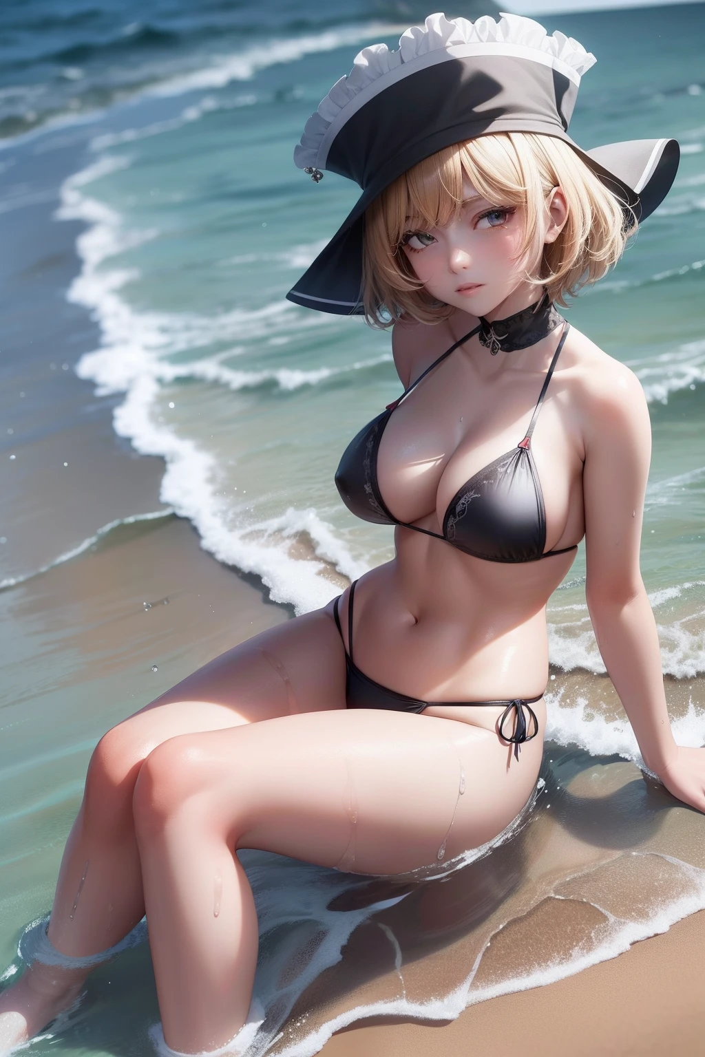 Luna Saprism River, masutepiece, Fine detail, 4K, 8K, 12K, Solo, One Person, Beautiful Girl, caucasian female, Moonsa Plasma, a blond、short-hair、Hats, Sea and sandy beach background、Black ruffled bikini、Embarrassed face、the whole body is wet、full body seen