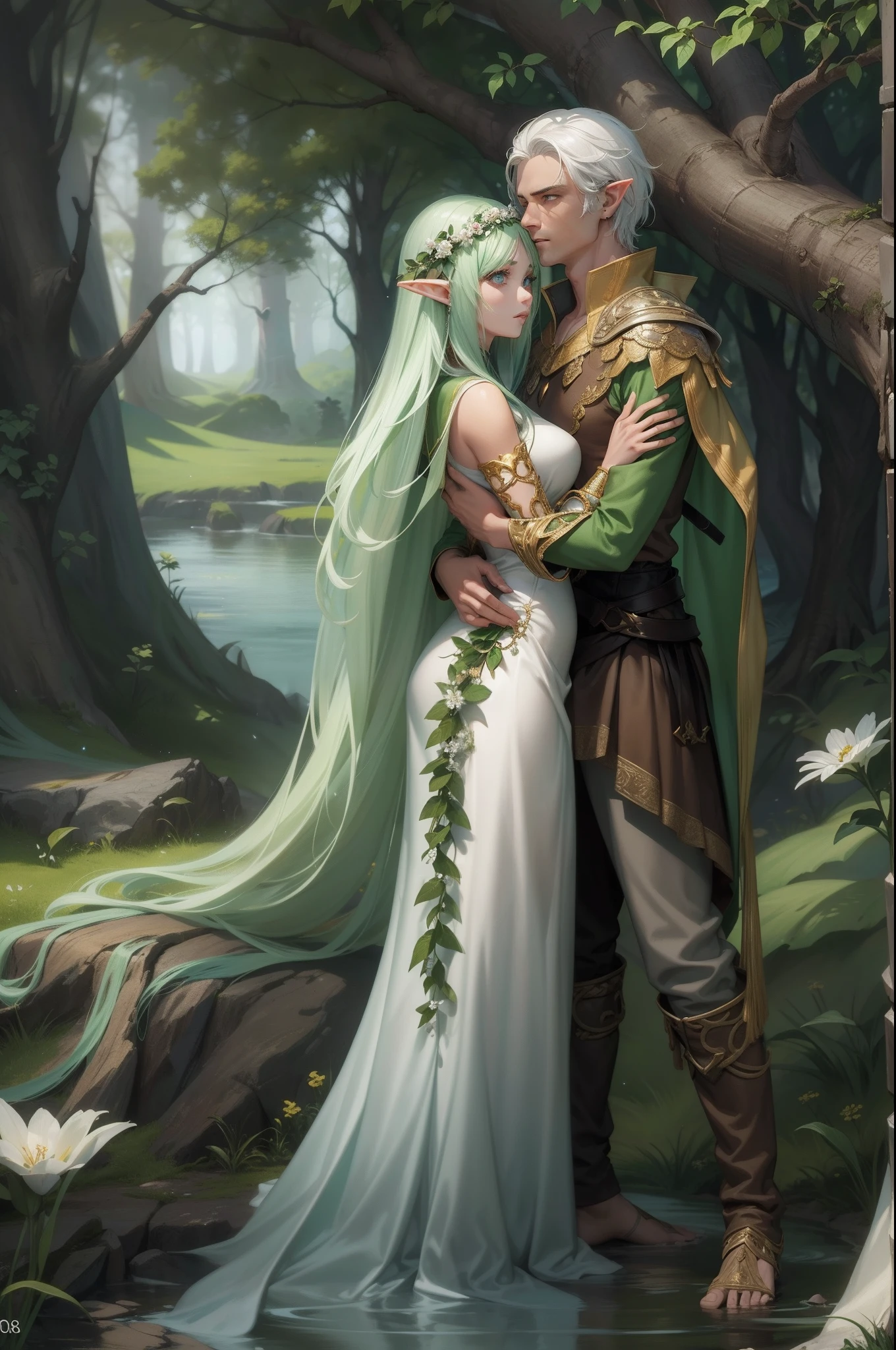 (Homem elfo com cor morena pardo e com olhos verdes), (Mulher elfa com cabelo branco e olhos cinzas), (Details of flowers and roots on their bodies), Man and Woman Couple of elves next to each other with their hands close inside a forest with lake background, Mais alta Qualidade, 4K, 8K, unreal engine, personagem de RPG, illustration, extremamente detalhado, detalhes profissionais, obra-prima, personagens ilustrativos, arte.