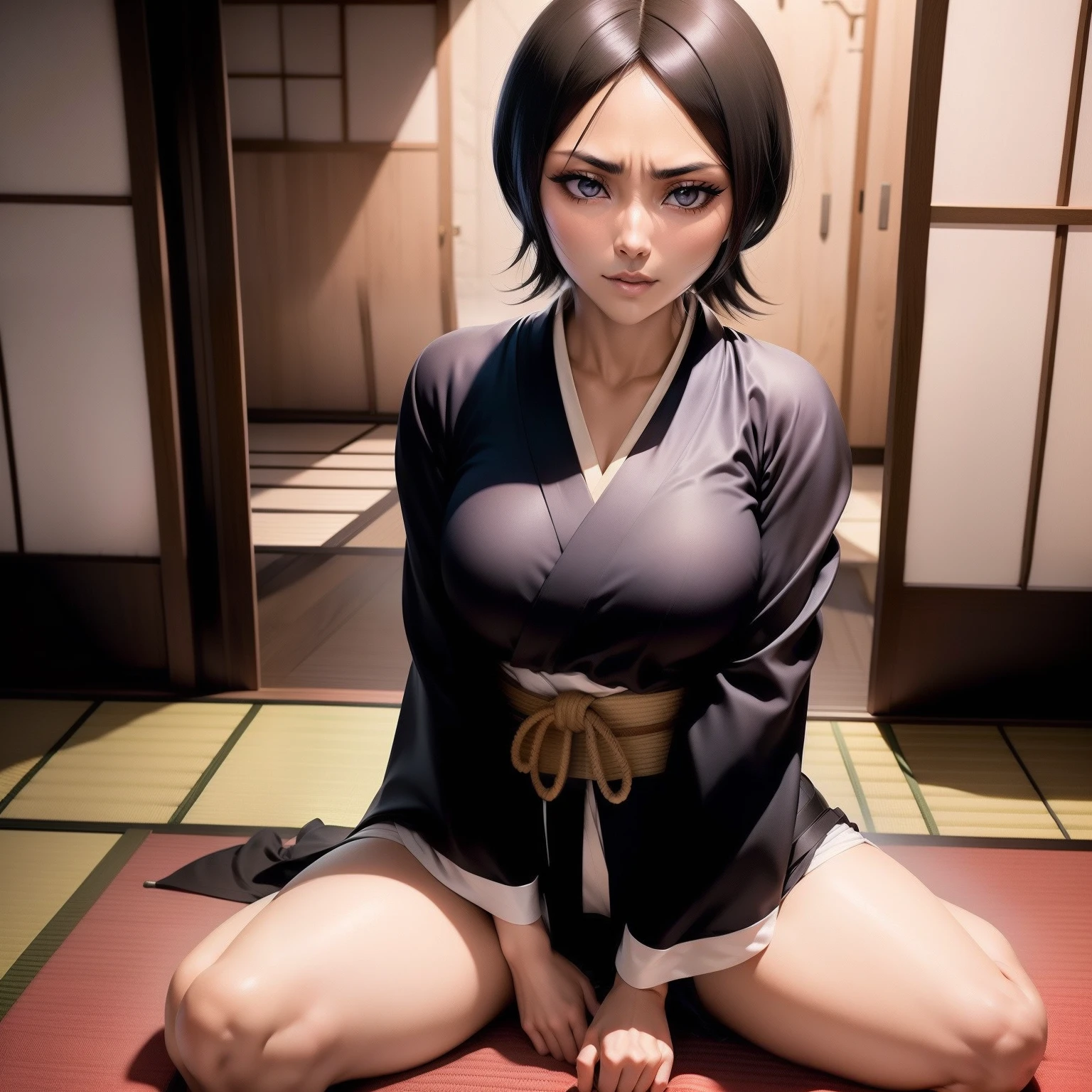 (garota hiper realista:1.2), ((Kuchiki Rukia de 18 anos)), (bleach), ((corpo inteiro)), single body, corpo pequeno, olhando para frente, sitting on ground, joelhos dobrados, (cabelo liso e curto), ((roupa japonesa cobrindo todo o corpo)), kimono, pernas, seios pequenos, Quarto feminino, Traditional Japanese Room, Hiper realista, cinematic lighthing, (octan render), ray tracing