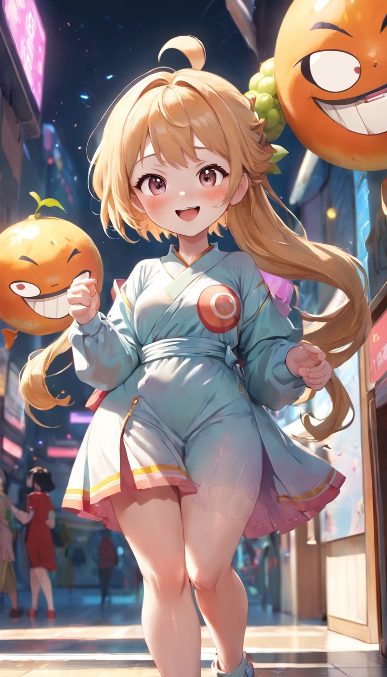 (Full body posing:1.5), (colorful:1.2), (extremely detailed CG unity 16k wallpaper:1.1), (Denoising strength: 1.45), (tmasterpiece:1.37), There was a cute girl playing with a big cute fruit, The image of a chubby Q bomb, Stylish hairstyle, sleek outfit, lovely digital painting, Cute cartoon 3d image, Happy expression, adorable expression, cute smiling face, cute character, adorable digital art, Very happy, laughing sweetly, she has a cute expressive face, she expressing joy, Alone alone, god rays, god rays, sparkle, glowing light, 16K, UHD, award winning