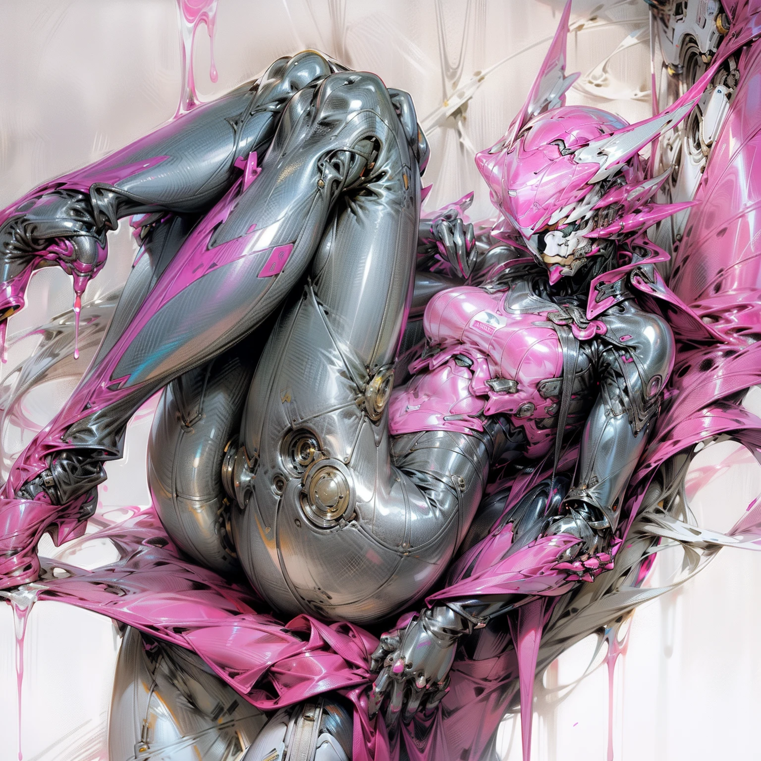 Full body like,Pink latex jumpsuit,Hollow-out on,Holt collar, latex shiny,tight-fitting,sweat leggs,White liquid, Pink body, wearing atsuko kudo latex outfit, Tightly, Smooth pink skin, catsuits, Wearing latex, shiny plastic,sweat leggs,White liquid, shiny metallic glossy skin, The color of pink glow, latex outfit, chrome bodysuit, cyberpunk glossy latex suit, Shiny, futuristic glossy latex suit spread their legs M-shaped legs angry look sullenness Irritated,white liquid all over body,