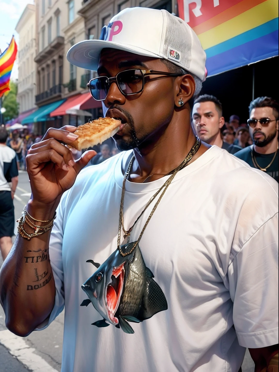 Realistic, Best Quality, Kanye West Eating Fish Sticks at a Pride Parade. --auto