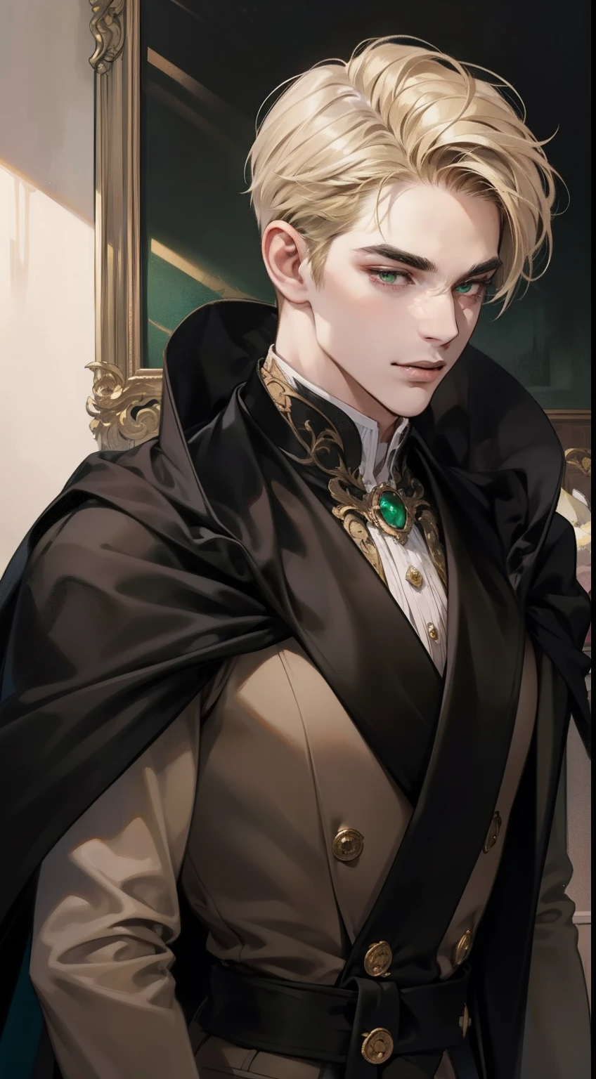 masterpiece, best quality, realistic, 1man, mature male, quiet and charming young man, 25years old, evil smile, closed mouth, portrait, extremely detailed face, a little distant, dark emerald eyes), (short-right-swept dandy blonde hair), [thick eyebrows], dark palace, ((long black cape)), (black and yellow rim cloth), full body