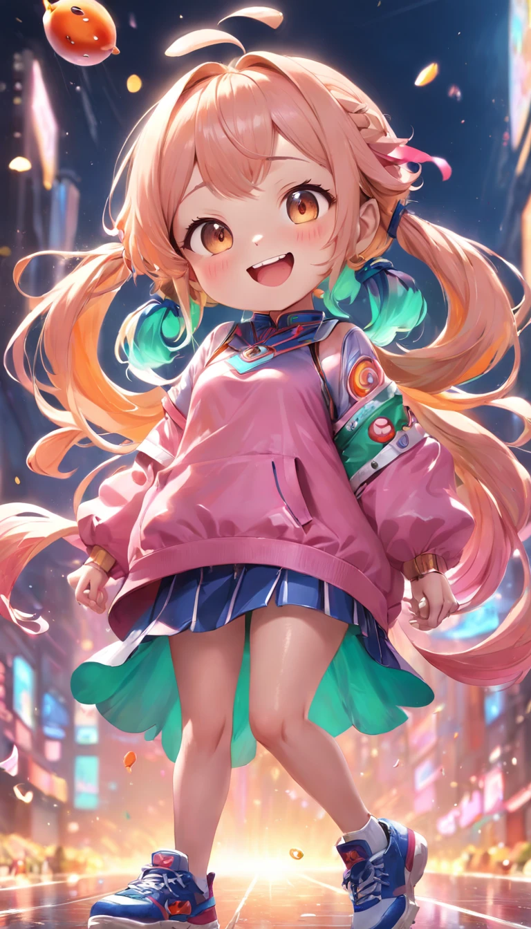 (Full body posing:1.5), (colorful:1.2), (extremely detailed CG unity 16k wallpaper:1.1), (Denoising strength: 1.45), (tmasterpiece:1.37), There was a cute girl playing with a big cute fruit, The image of a chubby Q bomb, Stylish hairstyle, sleek outfit, lovely digital painting, Cute cartoon 3d image, Happy expression, adorable expression, cute smiling face, cute character, adorable digital art, Very happy, laughing sweetly, she has a cute expressive face, she expressing joy, Alone alone, god rays, god rays, sparkle, glowing light, 16K, UHD, award winning