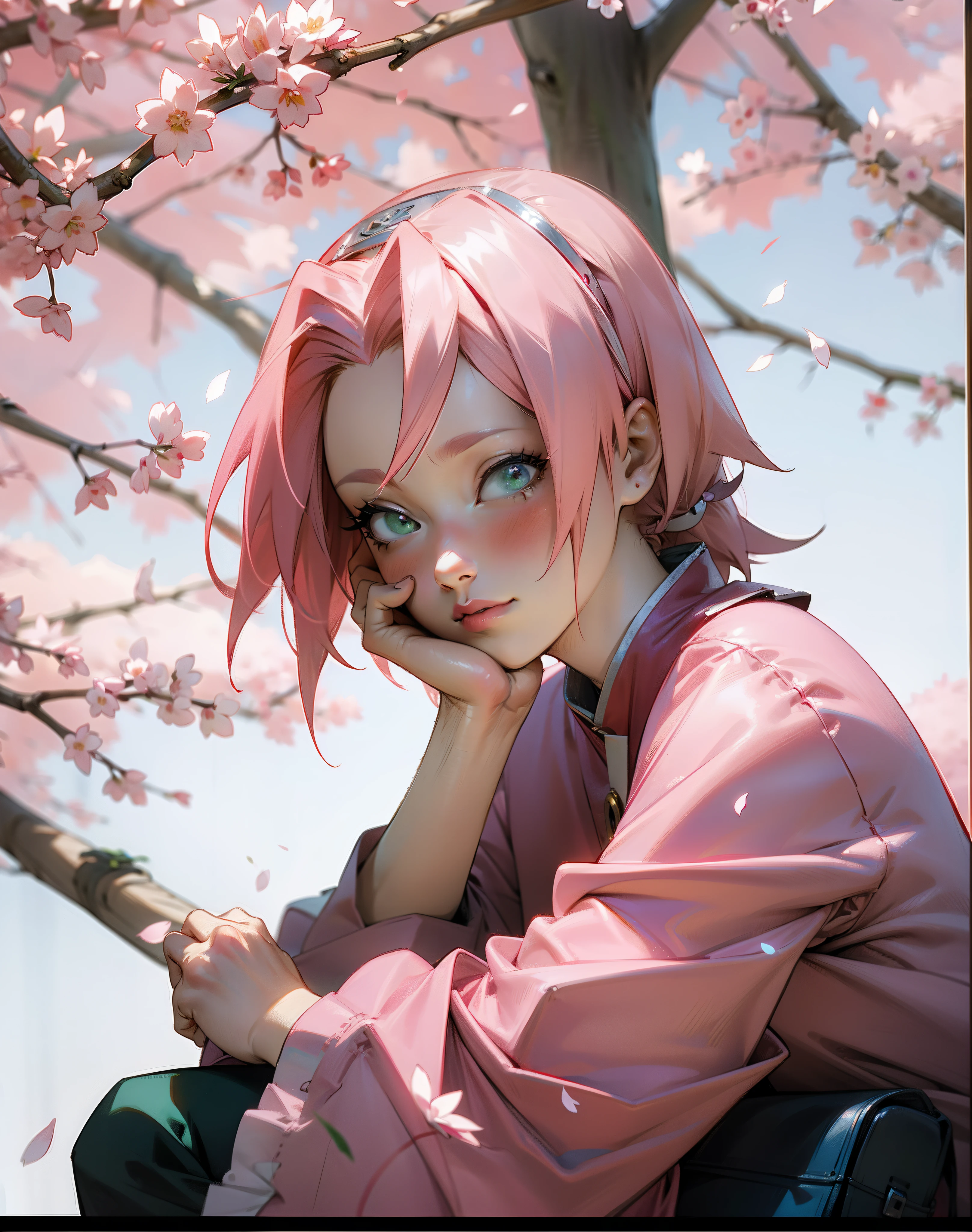 Sakura with pink hair and red shirt sitting on a tree, haruno sakura, sakura haruno, Estilo anime misturado com Fujifilm, ****** anime na vida real, Anime Garota Cosplay, sakura petals around her, Anime cosplay, linda Delphine, Sakura Haruno no modo Slug Sage, com cabelo rosa, Inspirado em anime, Fotos cosplay, Cosplayer, Estilo anime