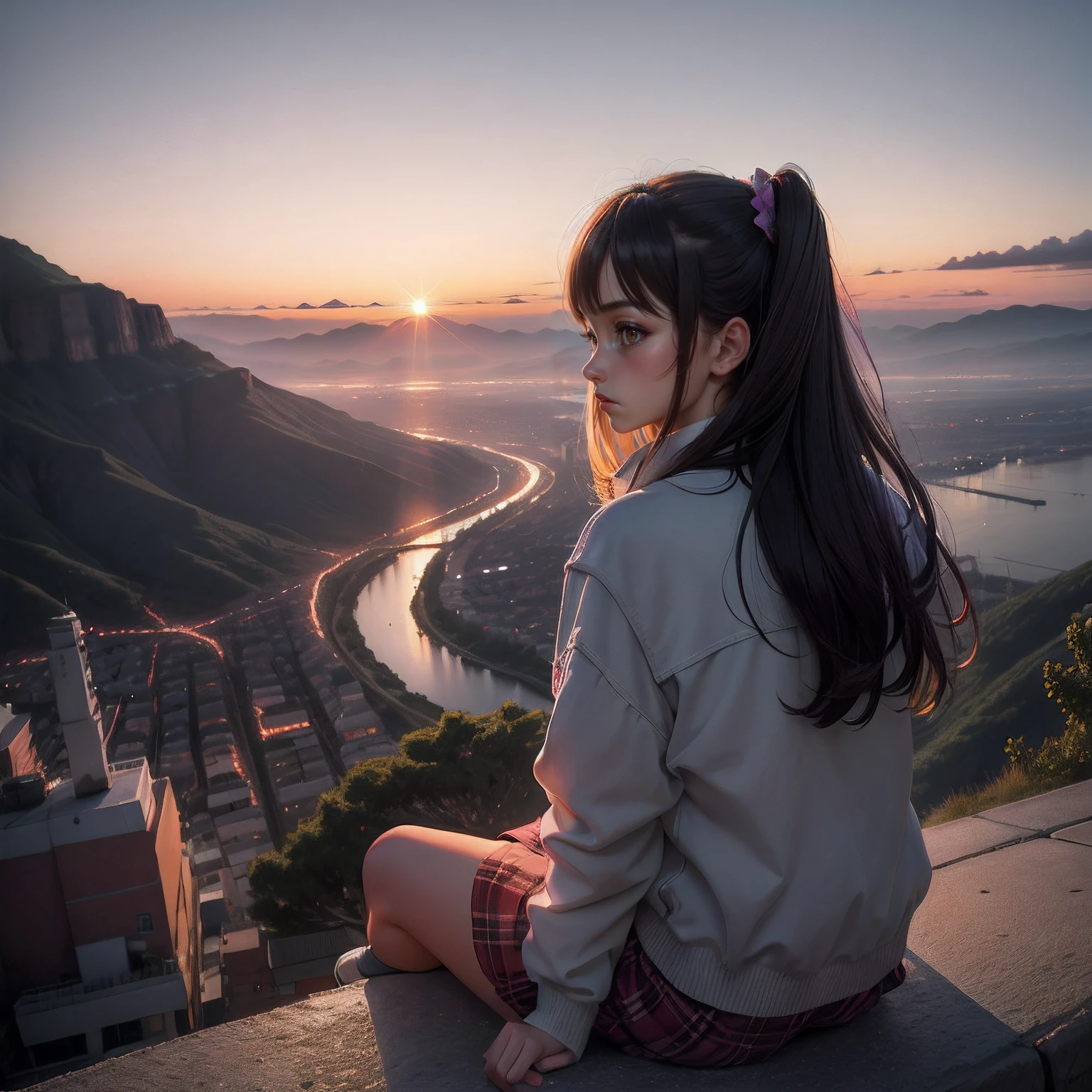 hentail realism, Beautiful sunset, Lights of a small city below、Beautiful scenery, A girl watches from a distant mountain