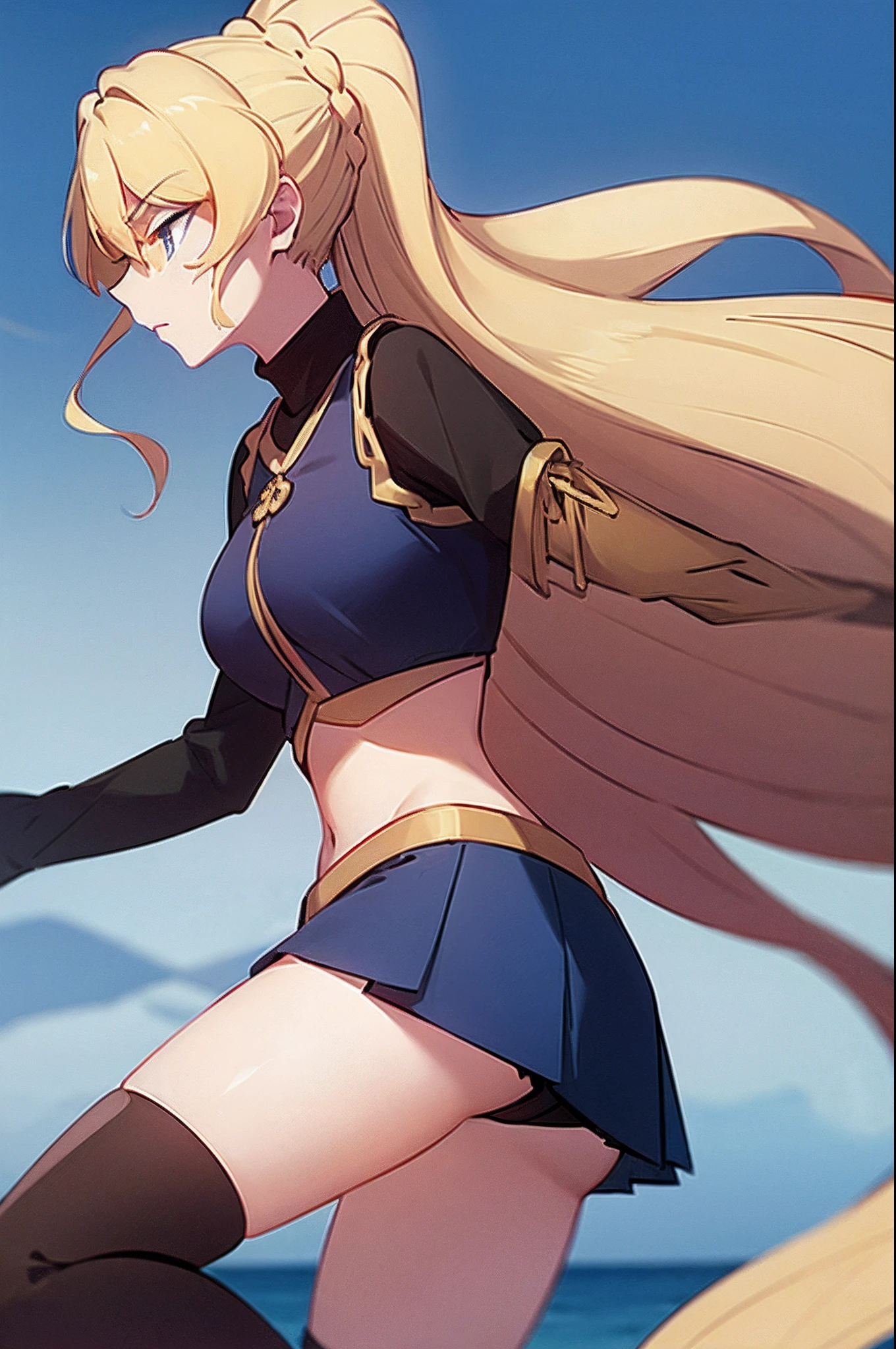 masterpiece, best quality, 1girl, alicetaria,blonde hair, long hair, ponytail, blue eyes, blue shirt, pleated skirt, solo, simple background, bikini