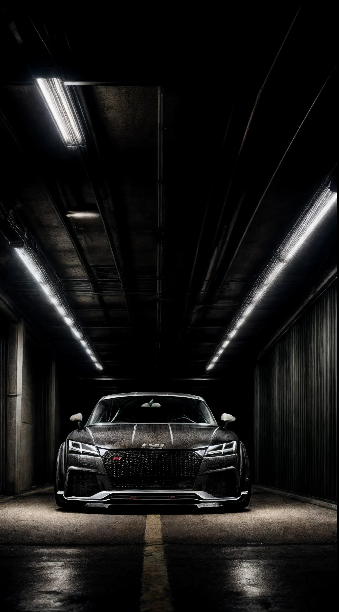 Detailed raw HD photo medium-distance photo of a (Modded Audi TT RS Racecar)parked inside a garage (darkly lit, dimly lit, discreet) grunge, menacing urban environment, metal tubes, concreating, decay, micro-details, hyperdetailed, raytracing, realism, crystal clear, photorealism, photorealistic,
(nocturnal, pitch, moody and dark:1.3) (bright headlights: 1.2)