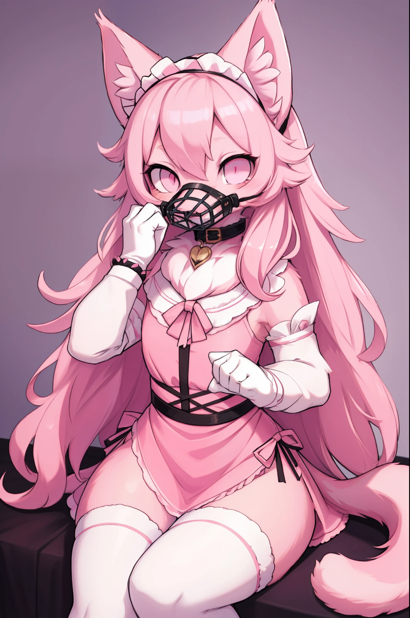 Master piece, perfect, highly detailed, (little hibryd anthro cat femboy), fluffy pink fur, ((pink eyes)), ((1))fluffy cat tail, pink long hair, tiny chest, (pink cat ears), wearing a pink collar, pink maid dress, silk white gloves, silk white thighhigh socks, wearing a pink muzzle, truemuzzle, eyesgod, niji, eyesgod, niji,