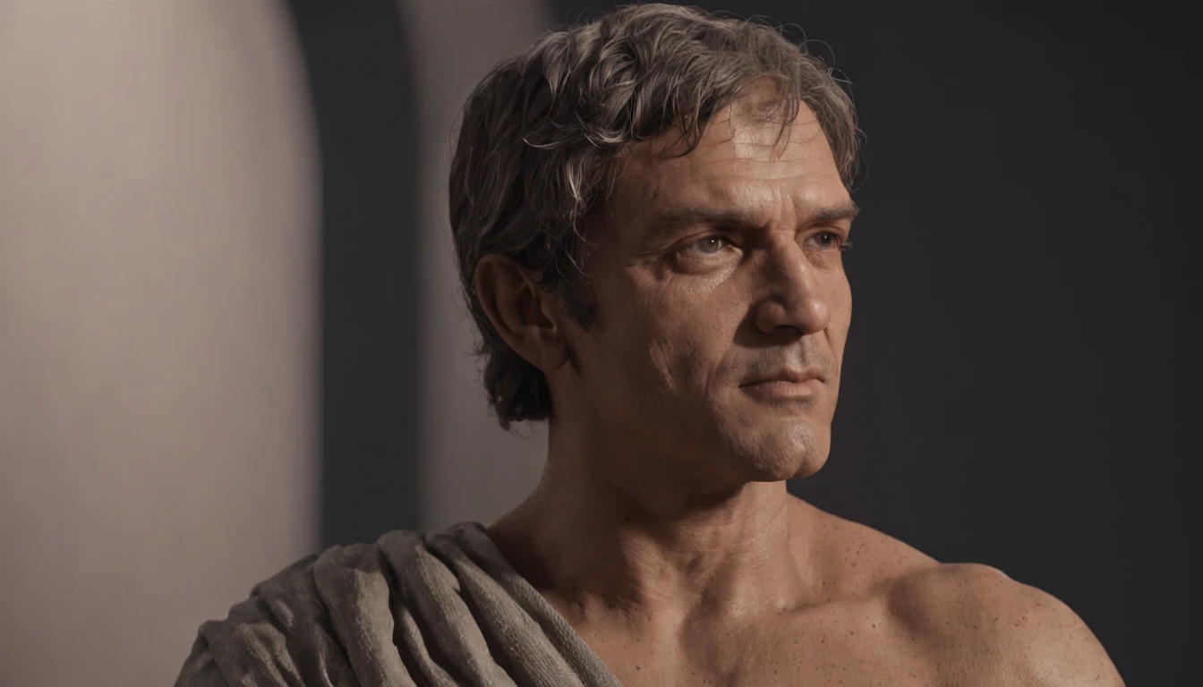 (Professional 3D rendering:1.3) de (Realistic:1.3) Foto de arte mais bonita do mundo，Features soft, bright male heroes, ((create the image of a stoic man according to stoicism books, make this man in the form of a statue, thinking, dark background)), corpo inteiro 8k unidade render, action shot, poros da pele, very dark lighting, sombreamento pesado, circunstanciado, Rosto detalhado, (vibrante, fotogrdeia realista, Realistic, Dramatic, Escuro, foco nítido, 8k),((((Use peles)))), (intrincado:1.4), decadente, (altamente detalhado:1.4), pintura digital, rendering by octane, art stations, Conceito-Arte, liso, foco nítido, illustration, germe da arte, (Loish:0.23), Wlop Ilya Kuvshinov, e Greg Rutkowski e Alphonse Mucha Gracias, (global ilumination, studiolight, Light Volumetric), chuva forte, floating particles, patife, fantasia, Onze, corpo inteiroesbian, ((Fundo escuro e antigo da cidade:1.3)),CGSesociedade,art stations
