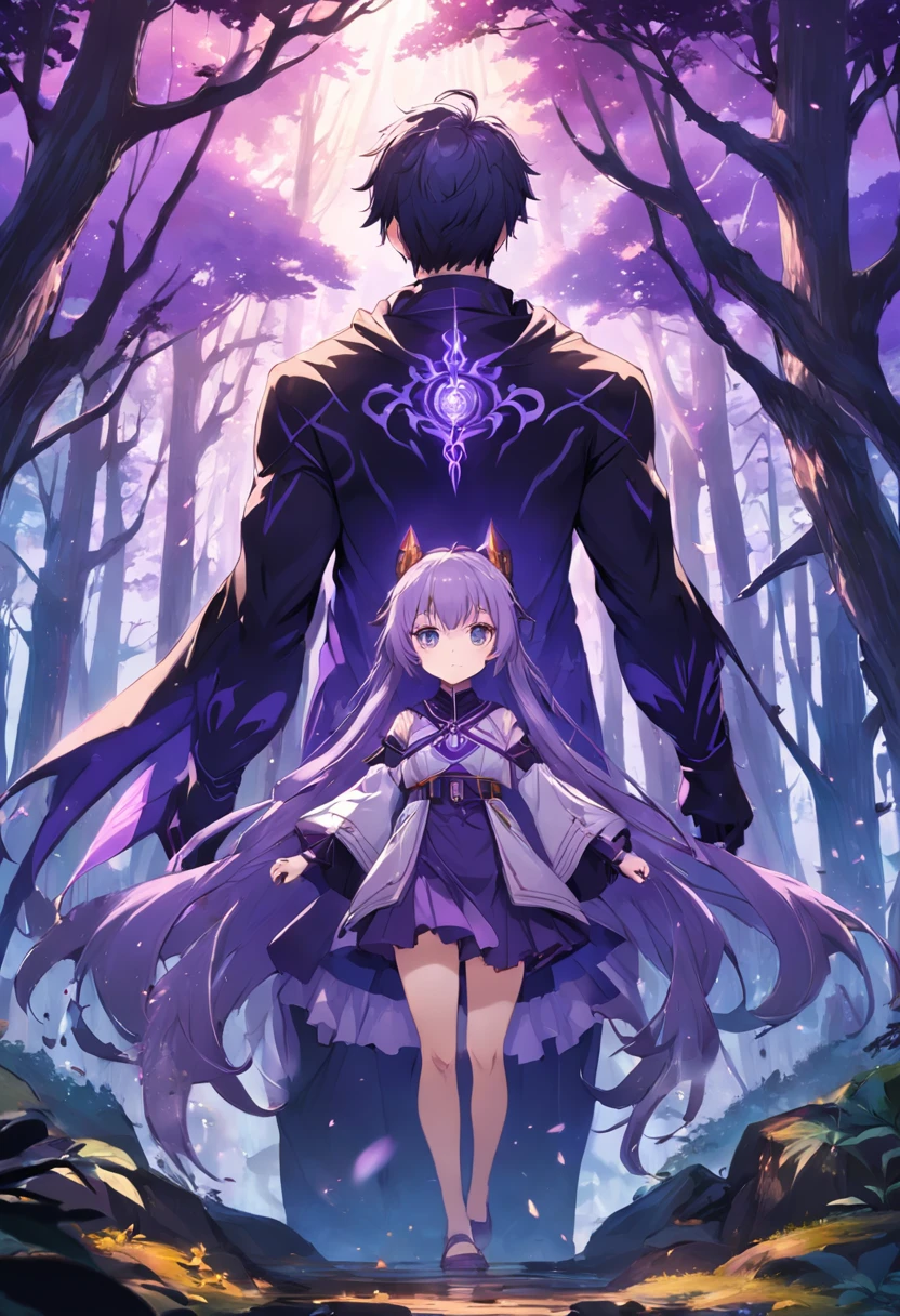 um homem e uma mulher. uma floresta misteriosa. renderizações hiperdetalhadas, estilo anime, estilo o anime Violet Evergardem, 8k, olhos detalhados, olhos perfeitos, epic, dramatic, genial, corpo inteiro, design e detalhes intrincados, lighting dramatic, 8k, rosto detalhado