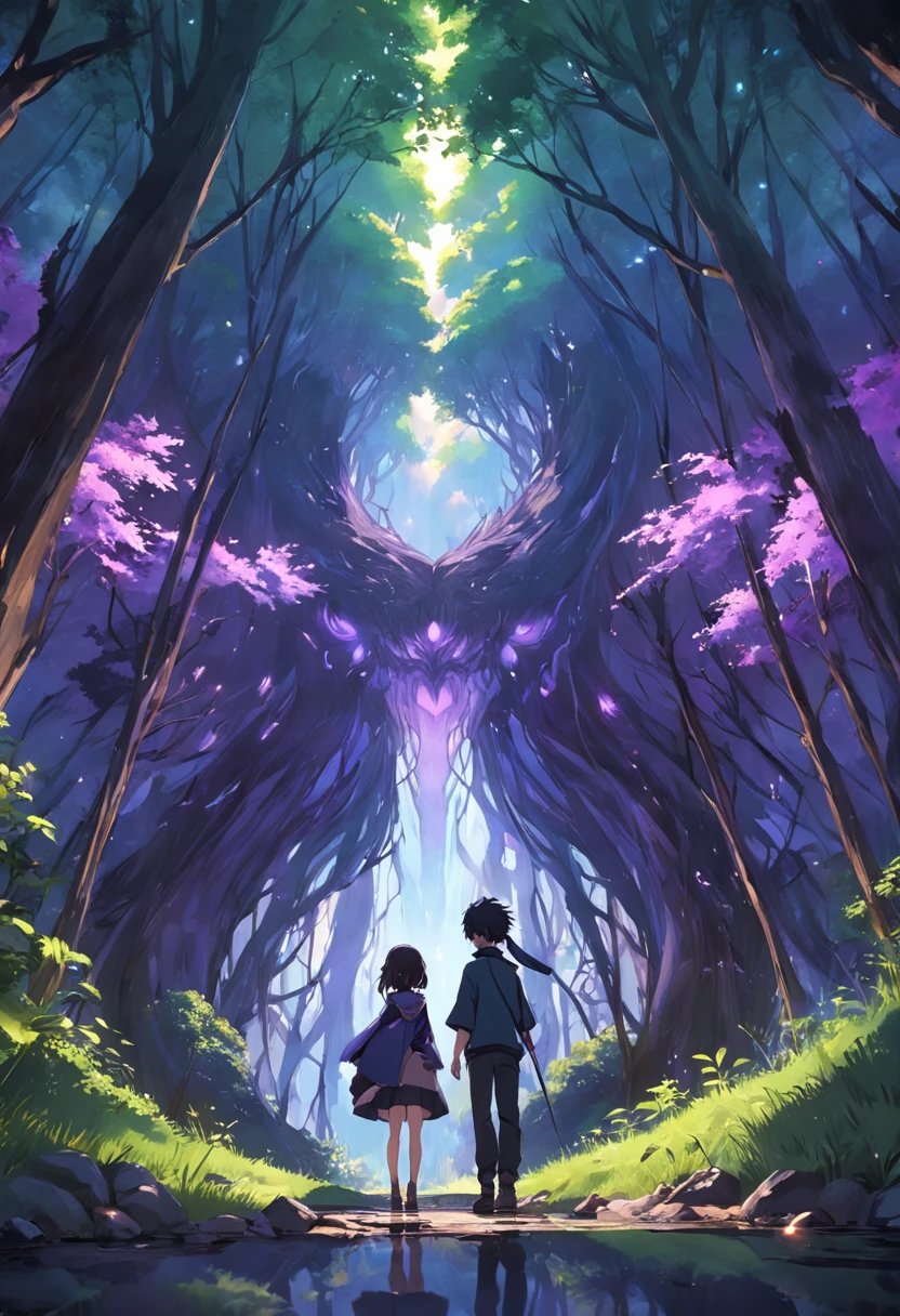 Two people standing in the middle of a forest with purple flowers ...